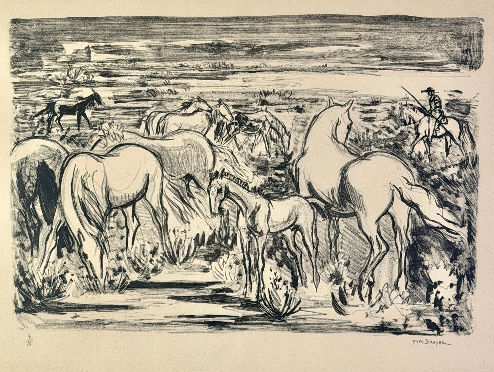 Pair of Modernist Lithographs, Brayer and Pascin: One lequine lithograph by Yves Brayer, signed lower right and numbered 7/15 and another by Jules Pascin, a cancelled plate, titled "Cinderella" and dated 1931. Largest framed size: 25" ht. x 29" wd.