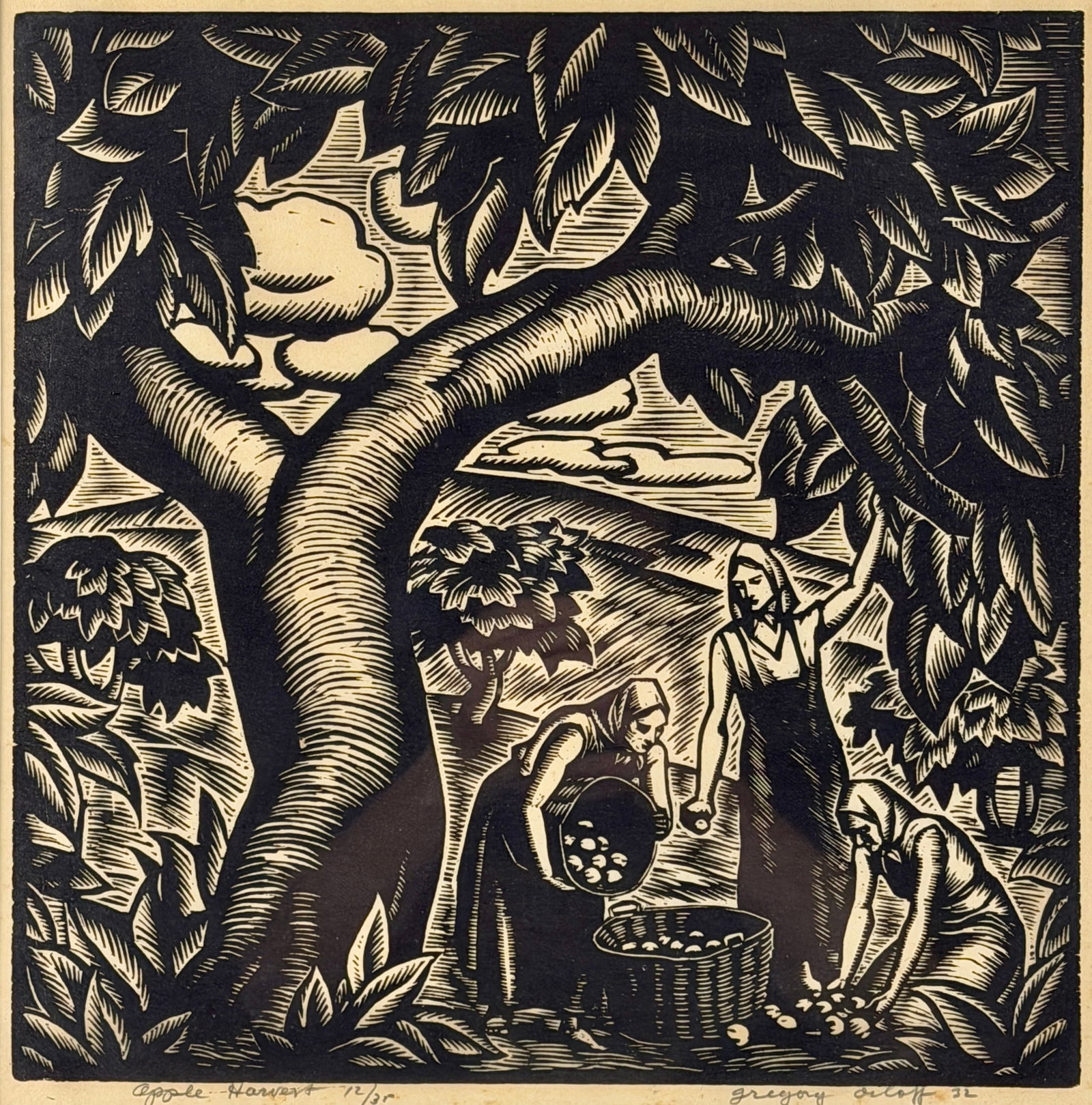 Gregory Orloff Woodblock, "Apple Harvest": Woodblock print titled "Apple Harvest", numbered 12/35 and signed in graphite/dated to lower right. Sight size: 13.25" ht. x 13.25" wd., framed size: 23" ht. x 23" wd.