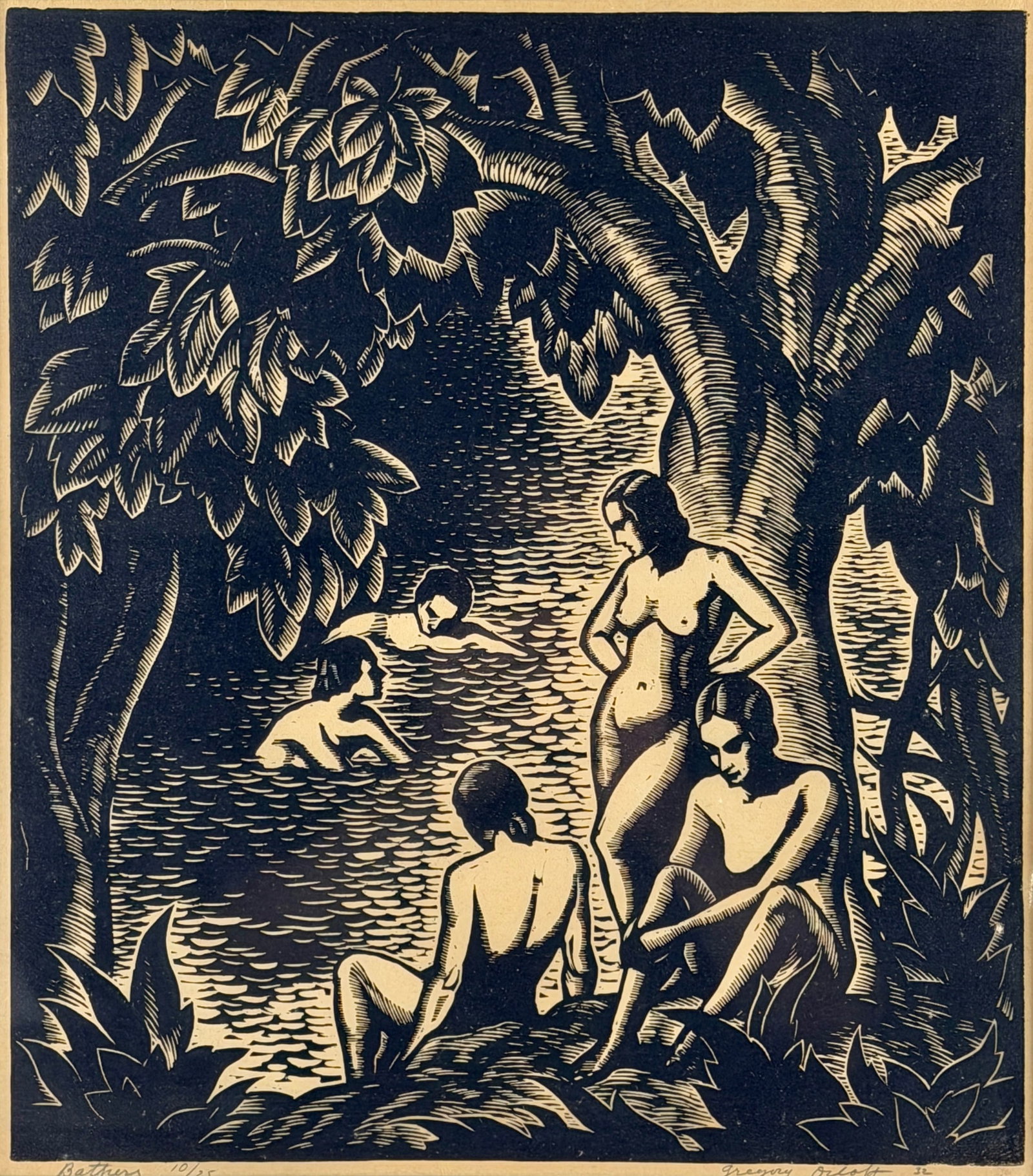 Pair of Woodcuts by Gregory Orloff: Gregory Orloff (Ukrainian//American, 1890-1981). A pair of stylized woodcuts, each signed and titled in margin. Largest framed 25" x 21".