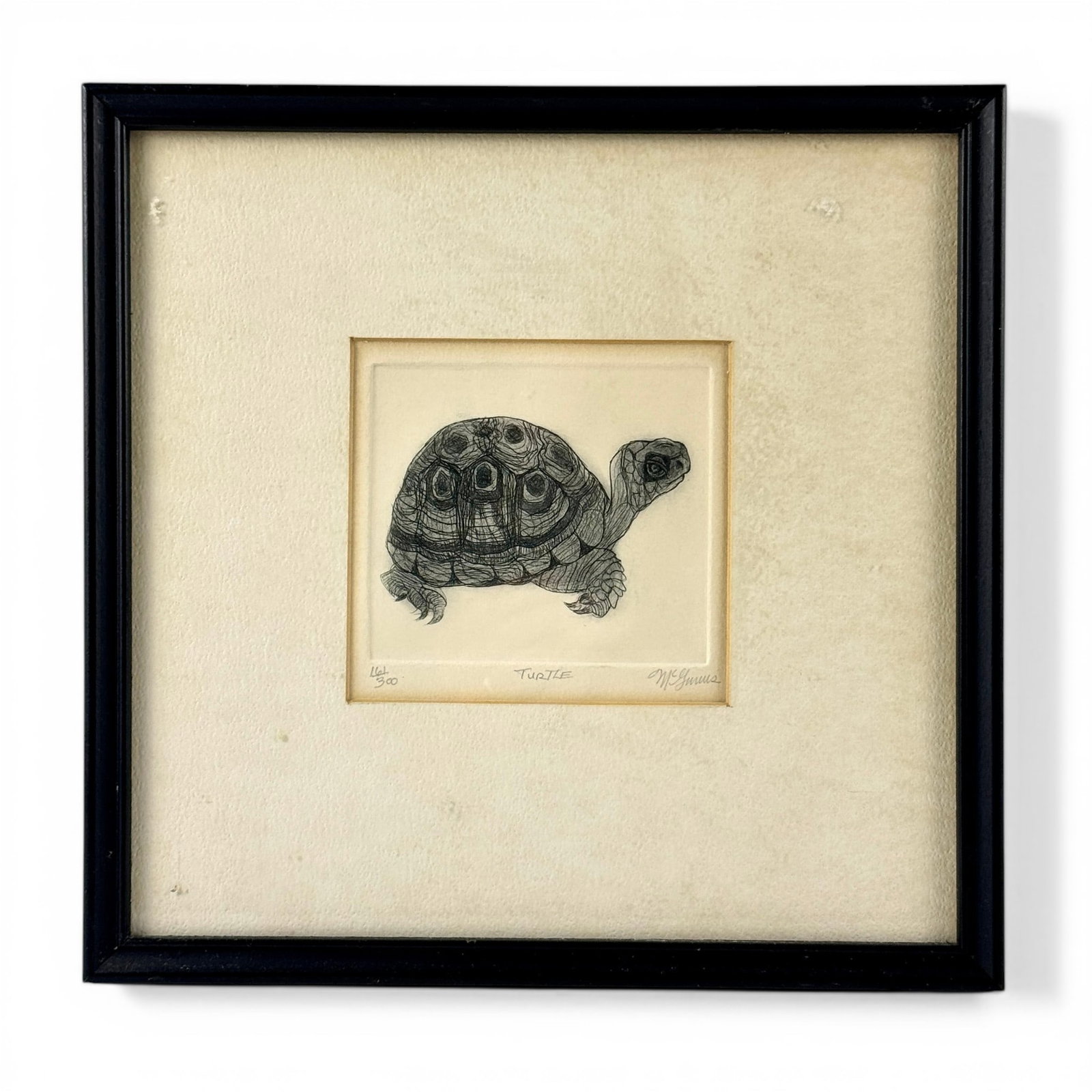 Five Intaglio Prints, Varying Artists: Including "Underpinning" by Gretchen Jacobs, "Trees" Etching, "Turtle" by Hugo Guinness, a monotype by Kadish, and "Show Time" by Thin Lito. All well framed, largest 13" x 14" (framed).