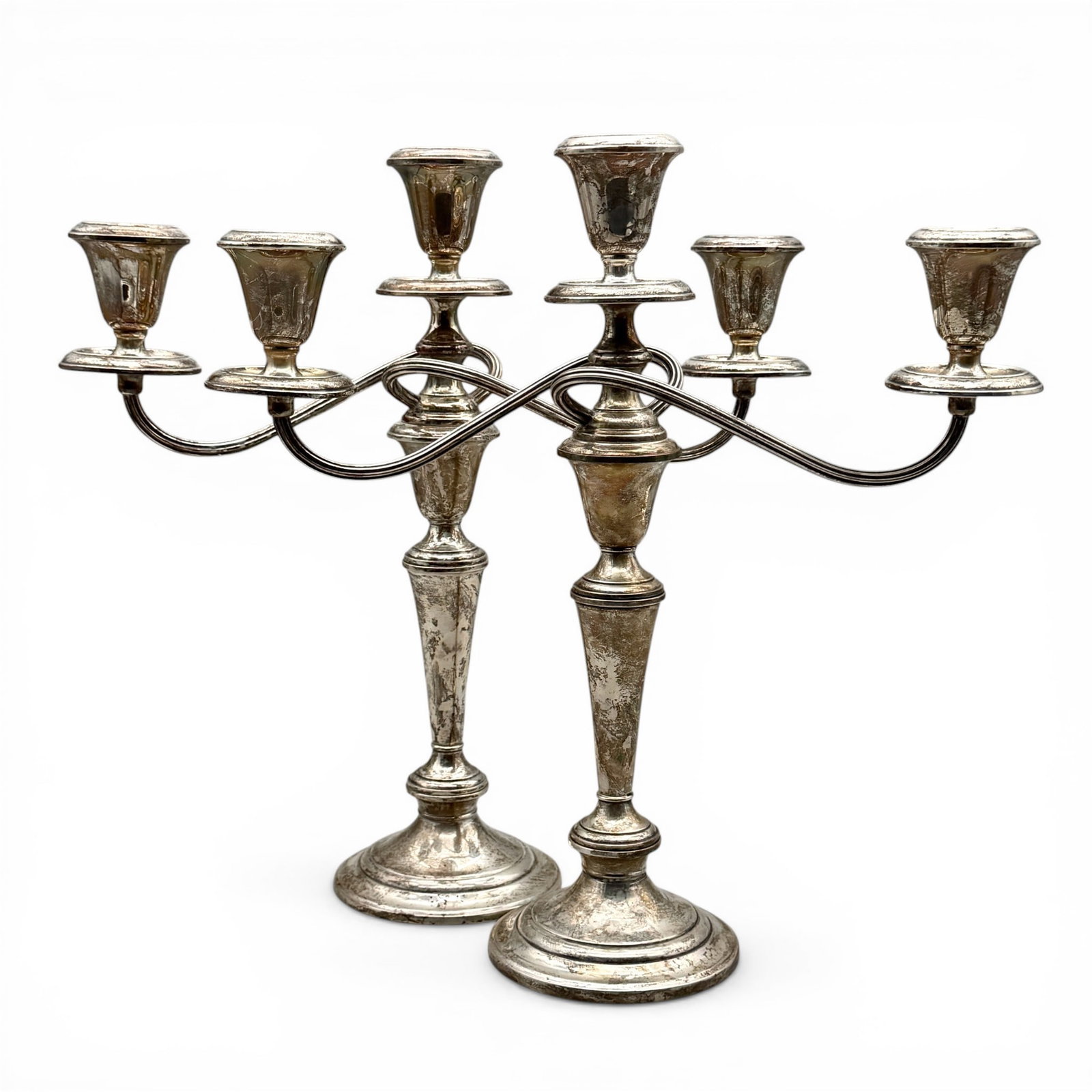 Pair of Gorham Sterling Weighted Candalabras: Marked Gorham to base. Three arm candelabras each, a matching pair. Height: 14"