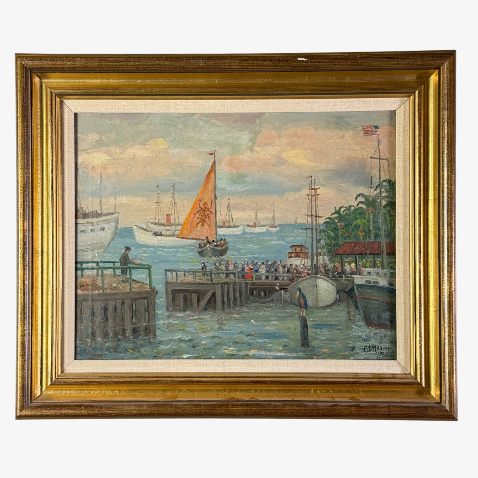 Charles Alfred Meurer (Cincinnati, 1865-1955): Oil on canvas. 1935. A dock scene with a crowd gathering to view a regatta. Signed and dated lower right. Closson's label to backing. 14" x 18" (work); 21" x 24" (frame).