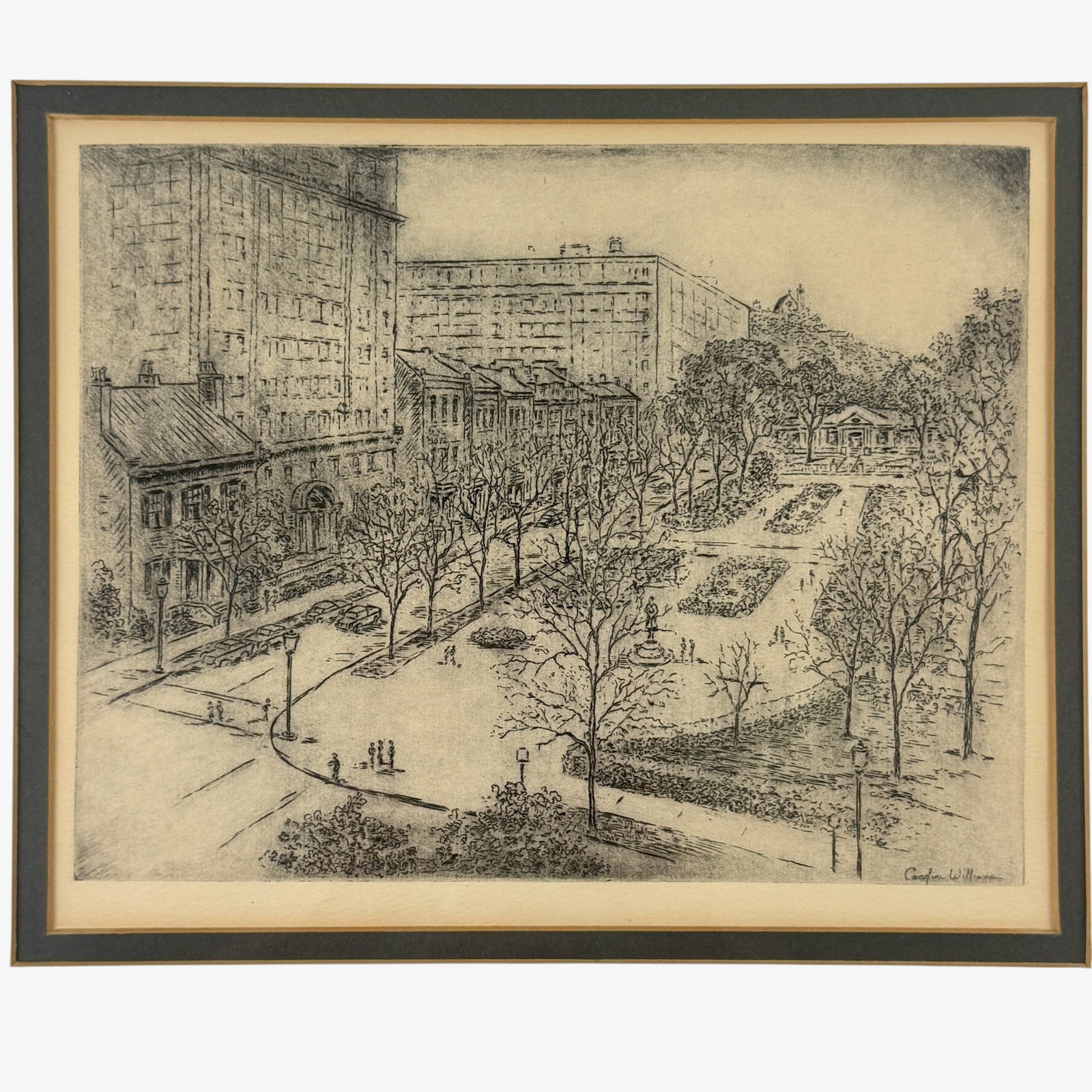 Two Cincinnati, OH Prints: One by Carolyn Williams of Lytle Park, a limited edition series created in the 1960's for the Fifth Third Bank. Another by George Williams, a reproduced print of Crosley Field. Largest 13" x 17" (fram