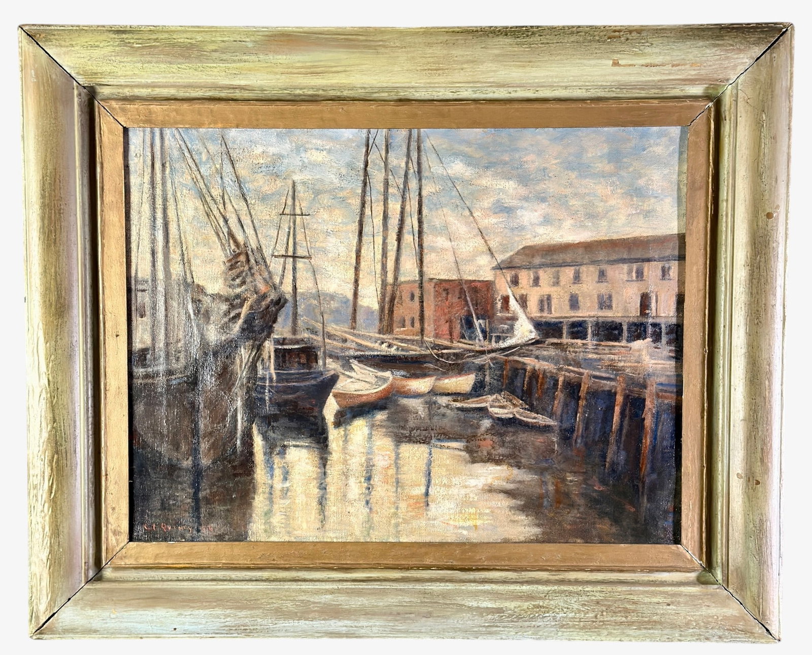 "Tug Boat" by C.B. Quincy, CIncinnati Art Club Label, 1917: C.B. Quincy (American/Cincinnati, 20th century). Oil on canvas, signed and dated 1917 l.l., with a Cincinnati At Club exhibit label to verso, containing title. Interestingly, no records of this