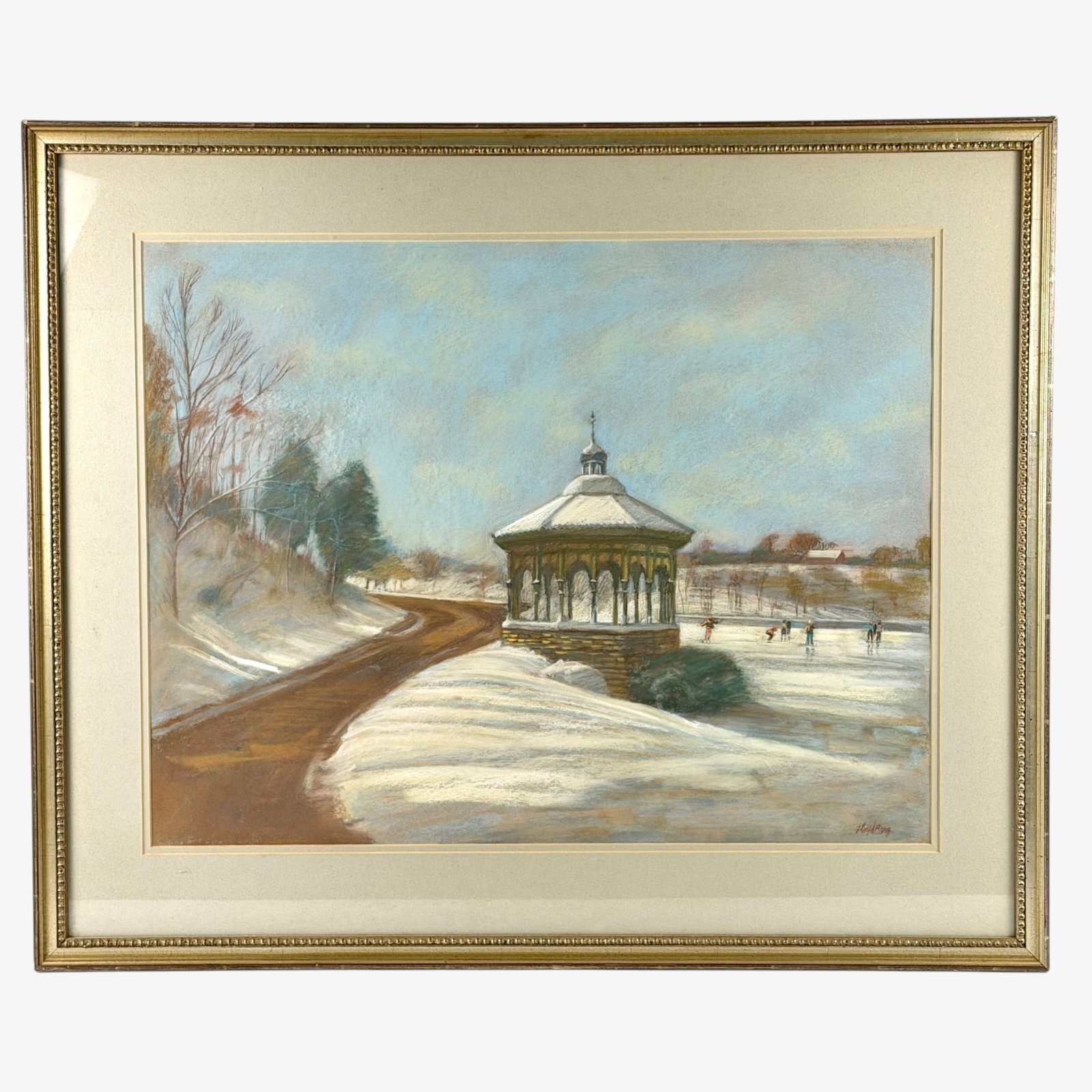 Floyd Berg Cincinnati Pastel of Eden Park: A pastel on paper by Floyd Berg depicting Eden Park, Cincinnati, OH in the winter time with ice skaters. Sight size: 19" ht. x 25" wd., framed size: 27" ht. x 33" wd.