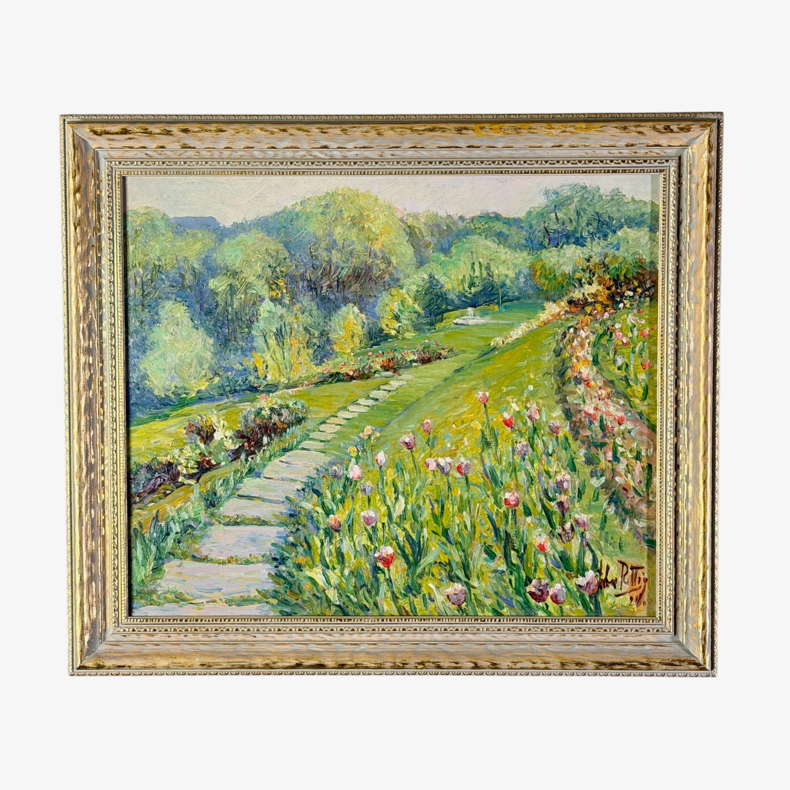 John Rettig (1855-1932), Dutch Tulips: Oil on Academy Board. 1924. A bright landscape, with a paver walking path and tulip gardens. Most likely a Dutch scene. Signed and dated lower right. Housed in a worn gilt frame with old backing