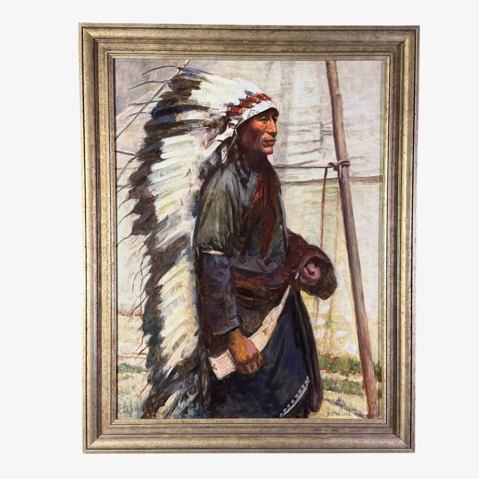 Bessie H. Wessel (1889-1973), Chief Black Bear: "Chief Black Bear". Oil on canvas. A three quarter length side portrait of a Native American Chief, in full headdress. Signed lower right, with inscriptions to backing. 24" x 32" (sight); 29" x 36"