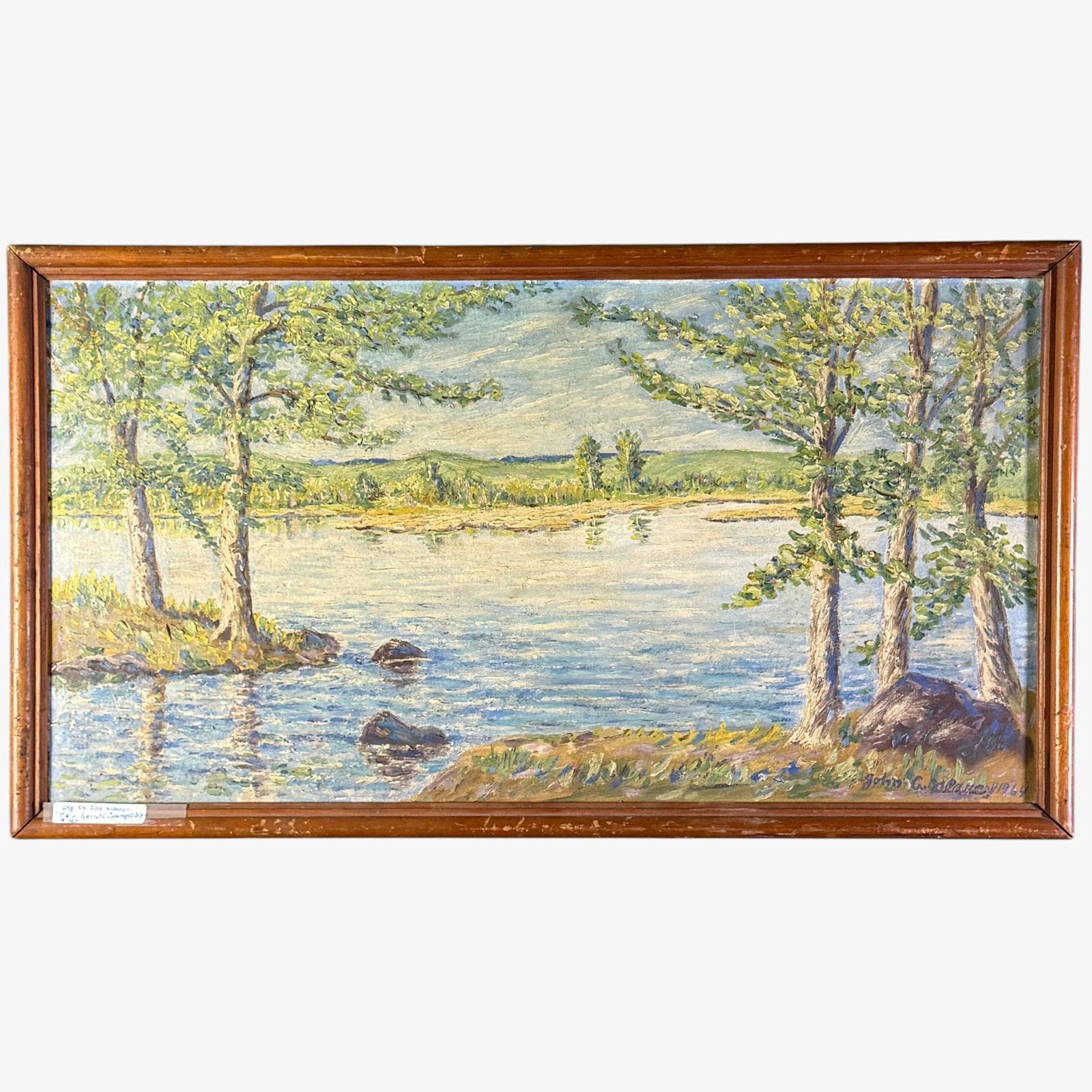Landscape by John Glancy, Goshen, OH Artist: John Glancy (Amrican, 1900-1974). Oil on board, signed and dated 1964 l.r., 18" x 32" (framed).