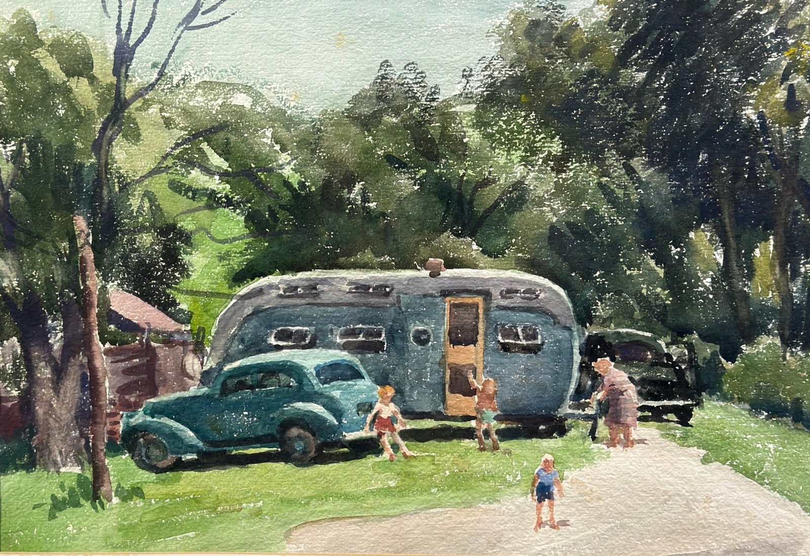 Watercolor Painting for Stan Grueninger Oldsmobile, Woodlawn, OH: Ca. 1950s, likely hung in the Oldsmobile shop in Woodlawn, OH or served as a calendar illustration. Unsigned. 22" x 29".