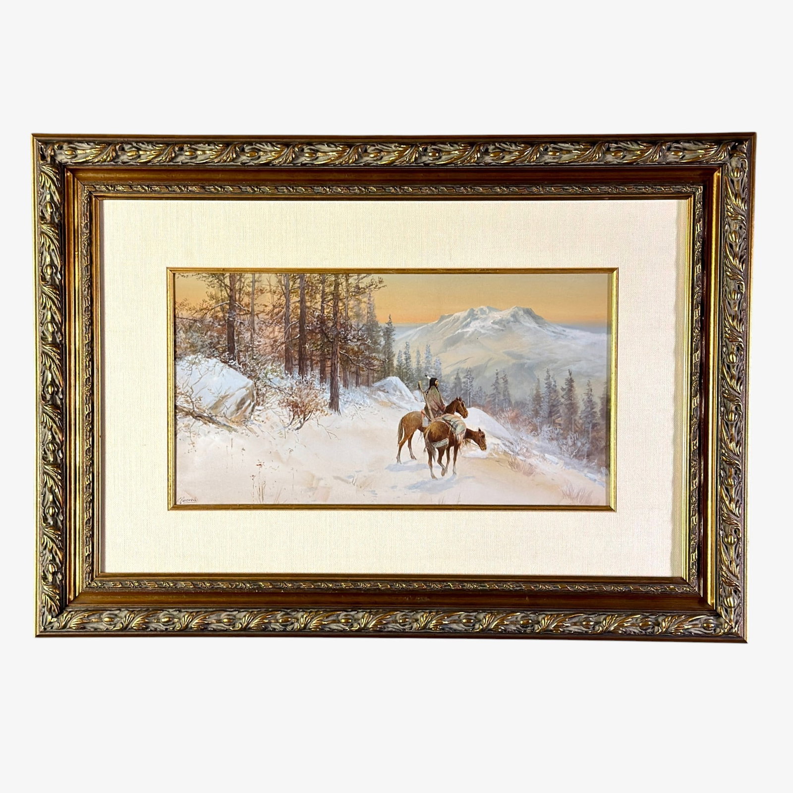 Victor Casenelli gouache on paper, Natdive American in Snow.: Victor Casenelli gouache on paper showing a Native American with two horses iriding through the snow. Signed lower left. Sight size 10 by 19 inches. With new liner, linen mat and frame, size is 21