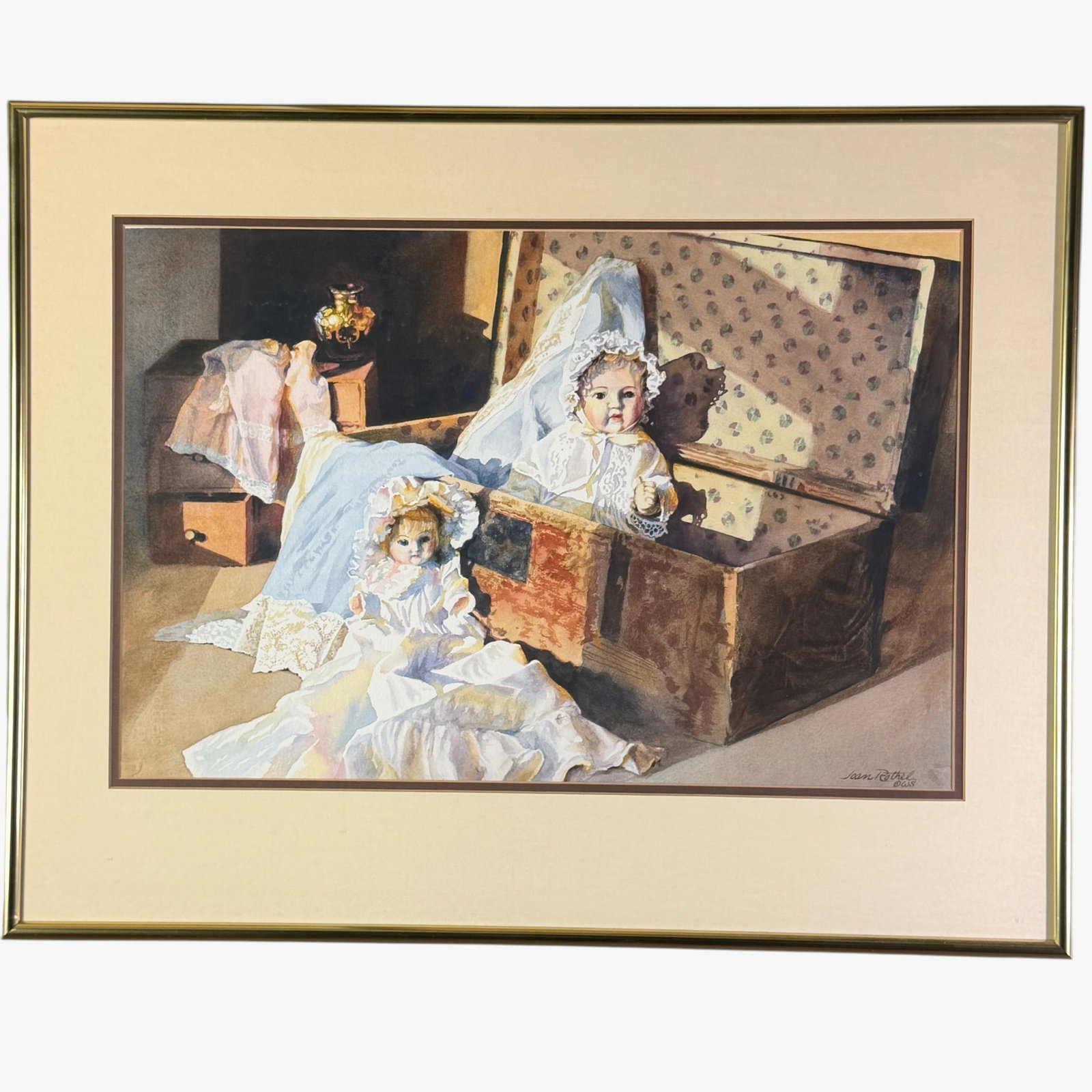 Joan Rothel (Cincinnati, 20th Cent.): Pair of framed watercolors on paper. A larger example, interior scene of child's dolls and toys, and a landscape with farmhouse. Largest example is 22" x 28" framed.