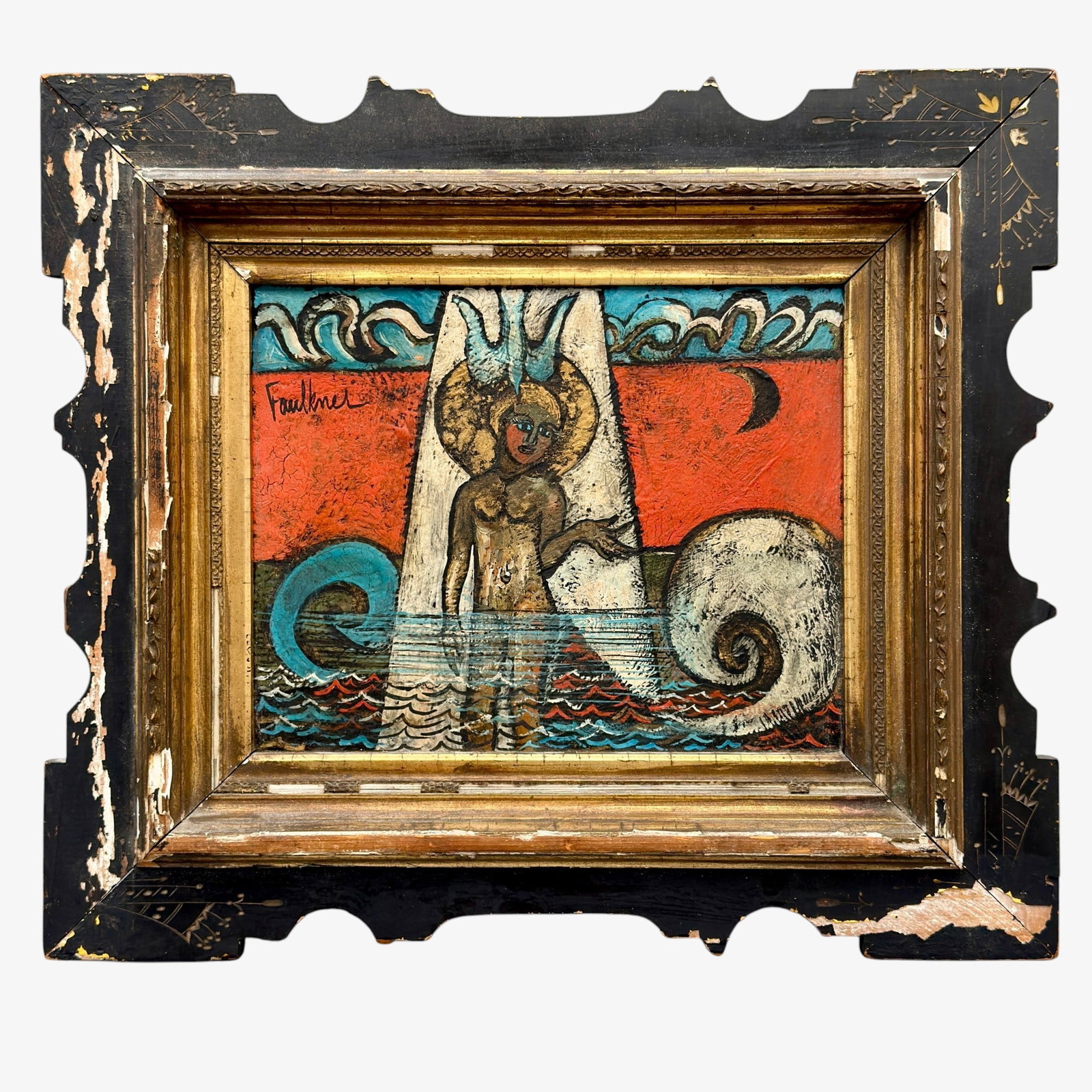 Henry Lawrence Faulkner (American/Kentucky,1924-1981): "The Spirit" (title from gallery / exhibit label on backing) Oil and casein on masonite panel Salvaged gilt and ebonized carved frame Signed upper left Painted in the frame evidenced by paint runoff t