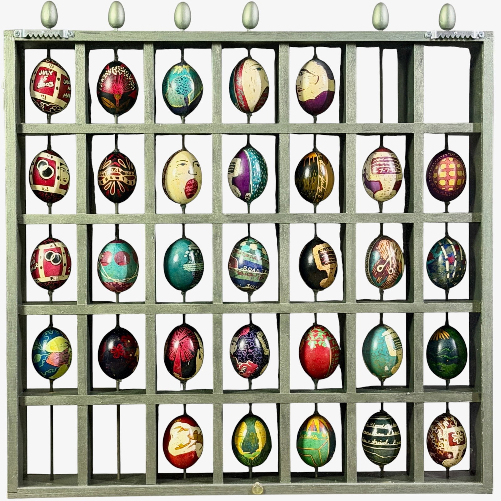 Kymberly Hensen, (Cincinnati, 20th Cent.): Mixed media construction of wood, paint, metal and mosaic. Visual calendar of July 2003 using turned wood eggs painted in the round. Mosaic to each side. 21" x 21"