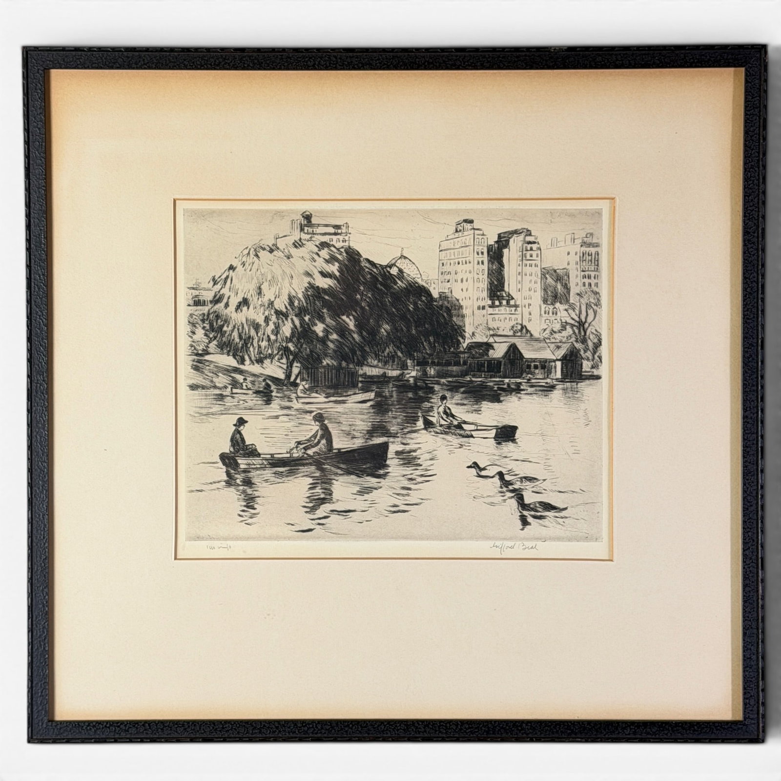 Gifford Beal (American, 1879-1956): Pair of Gifford Beal Lithographs. One horse and buggy and another depicting rowers on a river. Both signed in graphite in the margin. Largest framed size: 15" ht. x 22" wd.