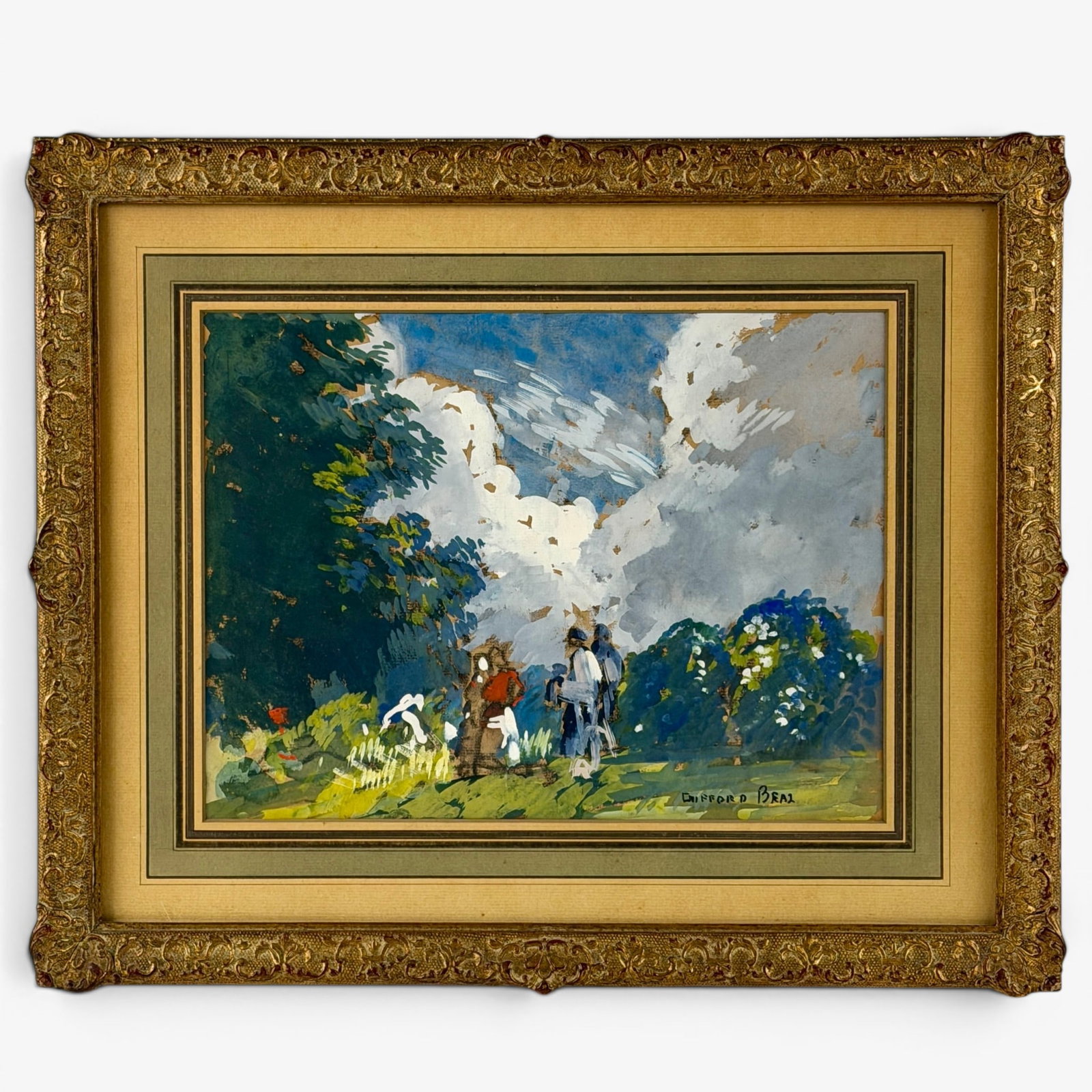 Gifford Beal (American, 1879-1956): Pastel on paper countryside scene. A nice abstract summertime country scene, signed lower right. Sight size: 8.75" ht. x 12" wd., framed size: 14.5" ht. x 17.5" wd.