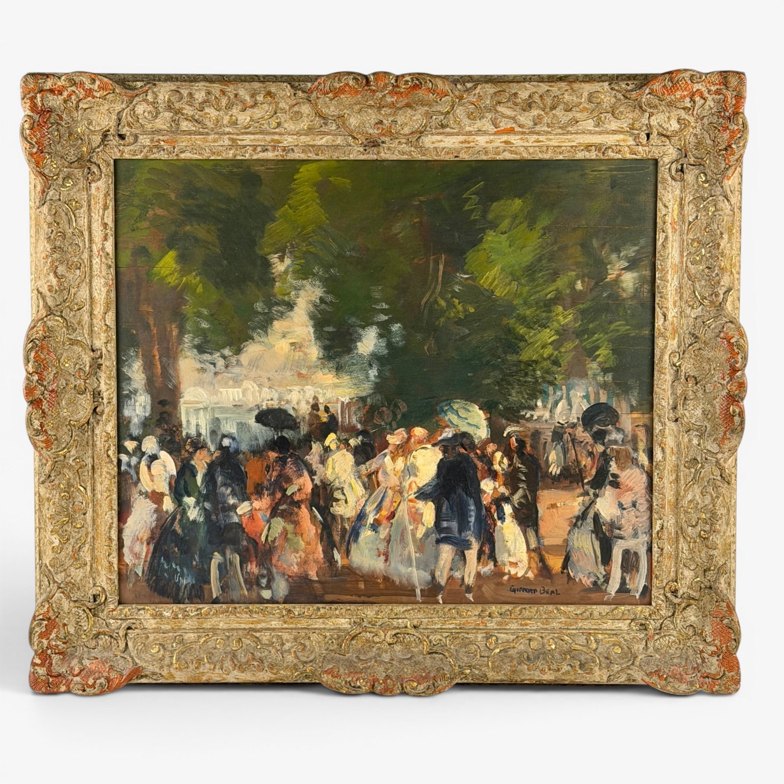 Gifford Beal (American, 1879-1956): Oil on board. A street festival scene at evening time. Many figures revel during a street party amongst trees with buildings in the background, signed lower right. Sight size: 19.25" ht. x 23.5" wd., 