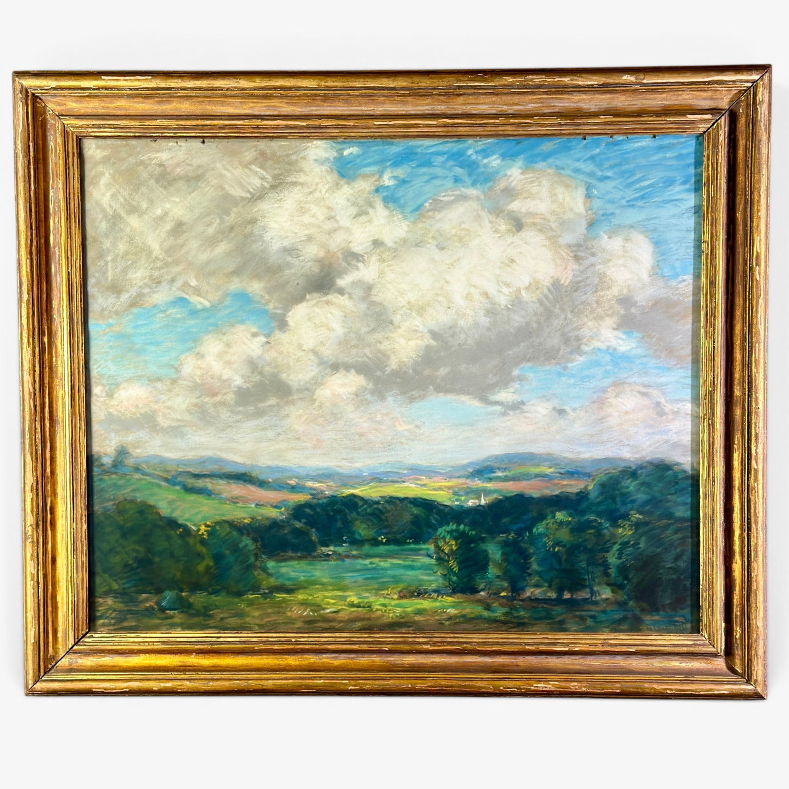 Reynolds Beal (American, 1866-1951): A fine and large pastel on paper depicting a vast landscape from a hillside view. Buildings in the background and large swaths of clouds sweep across the sky. Signed lower right by Beal. Sight size: 2