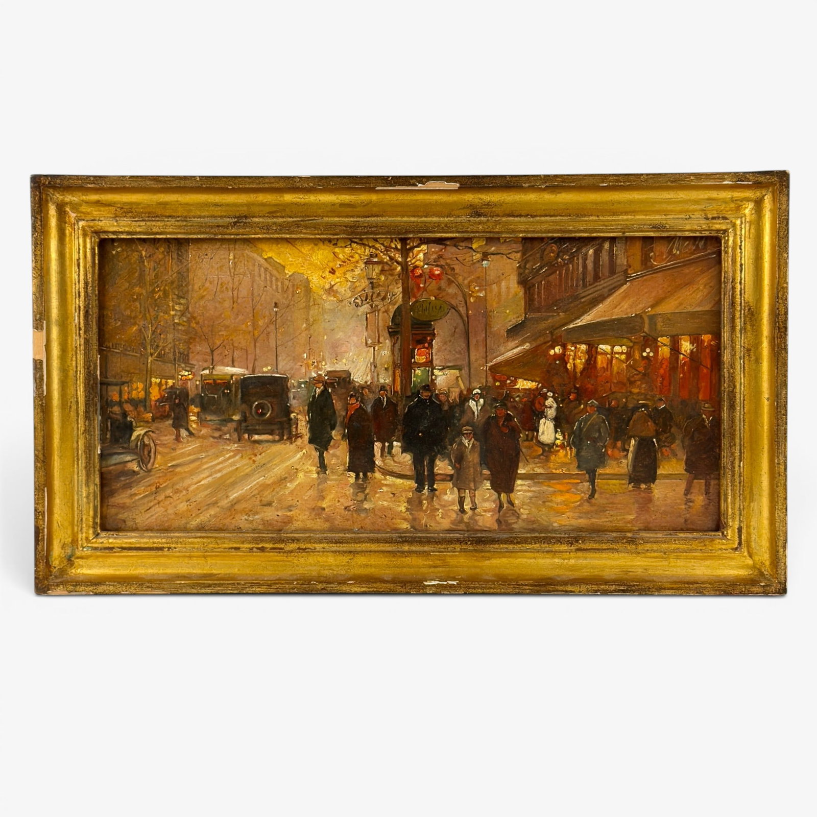 1920's street scene, oil on wooden panel. (1 of 3)