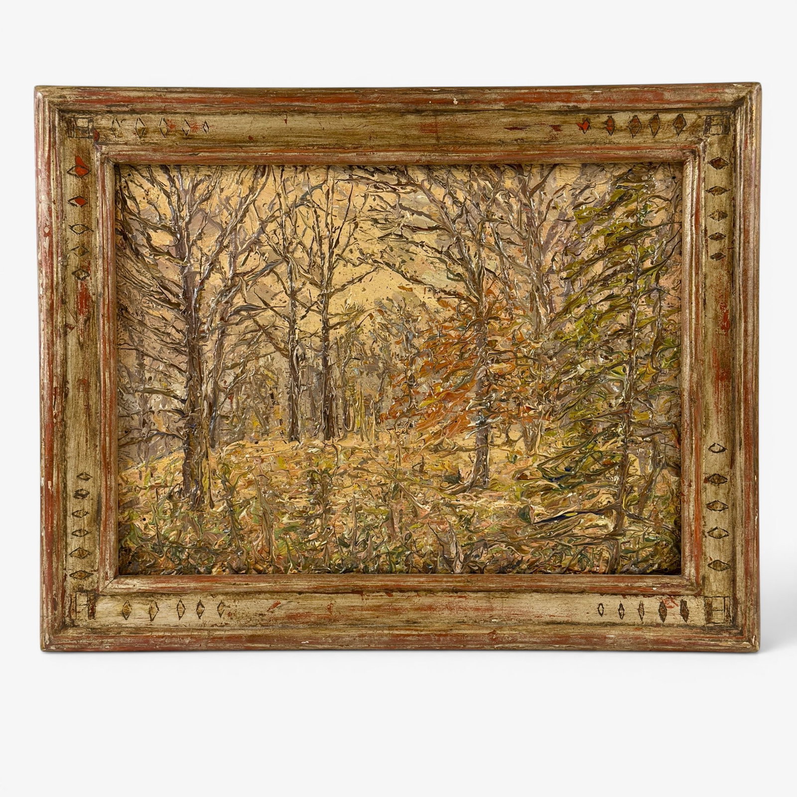 Willima Bils oil on wooden panel, landscape.: William Bils (1872-1944) Germany, Brooklyn, NY. Bright landscape featuring heavy application of oil paint, most likely dripped onto a wooden panel giving the scene a three dimensional quality. Signed 