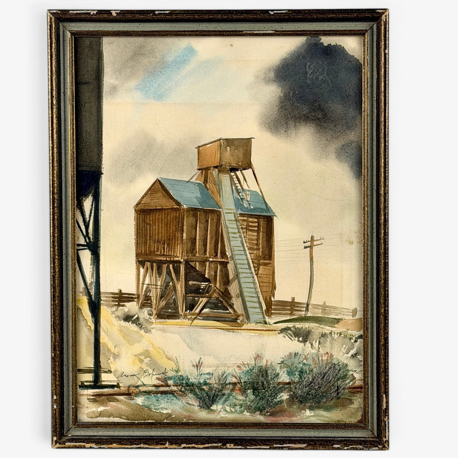Aaron Bohrod (1907-1992) watercolor, "Grain Mill." (1 of 3)