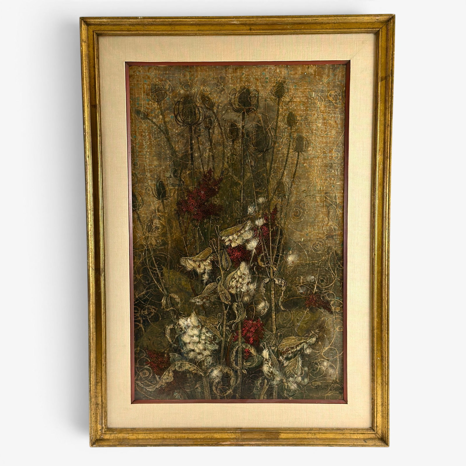 Robert Laessig (1913-2010) Thistles and Milk Weed.: Robert Laessig (1913-2010) New York, Cleveland, Ohio. Mixed media (mostly oil) on board, a view of wild flowers with thistles and milk week in promanence. There is a deminsional element to this work