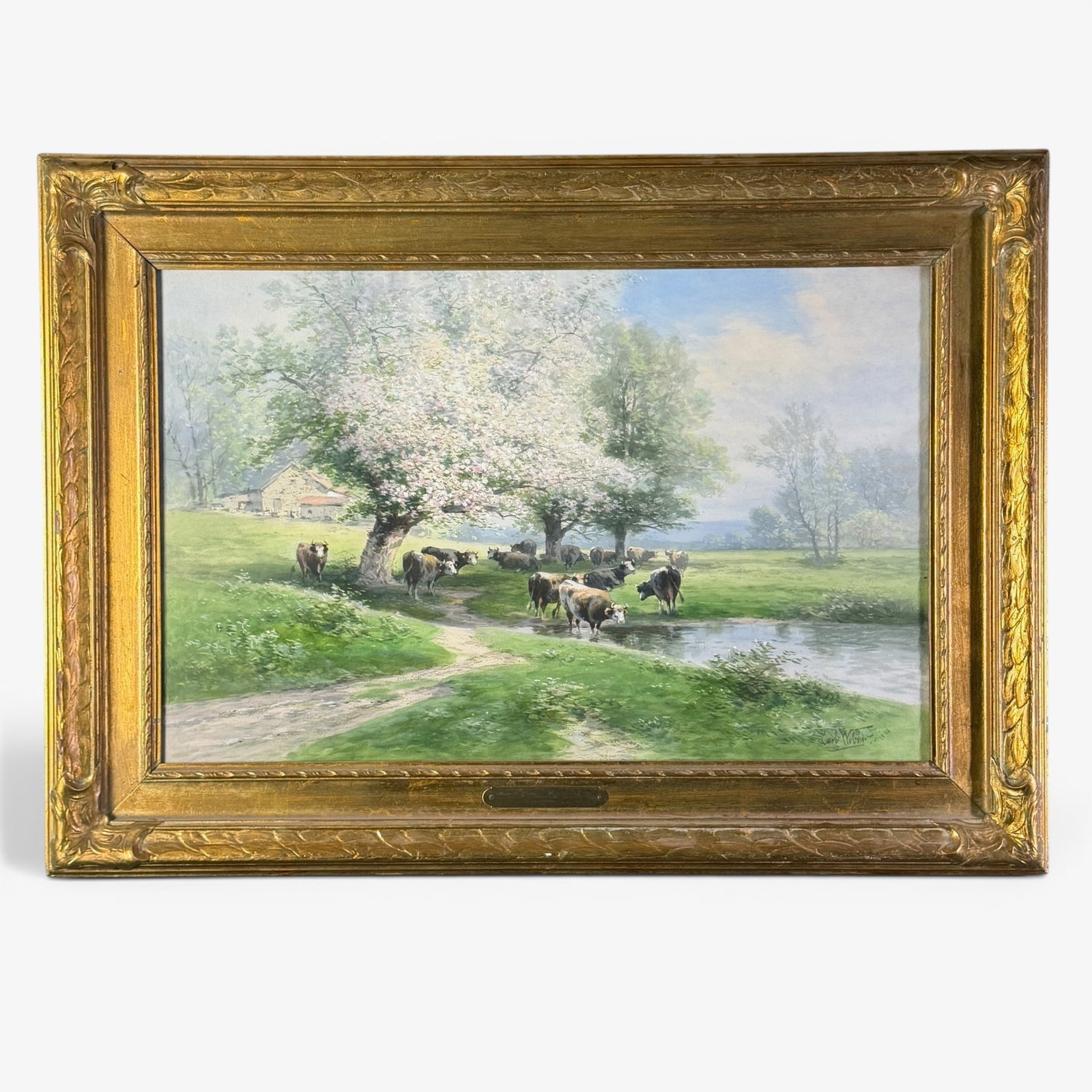 Carl C. Weber (1850-1921) Gouache and Watercolor, Cows in sunlight.: Carl C. Weber (1850-1921) Germany, Pennsylvania. Gouache and watercolor entritled "Month of May, Westchester, Pennsylvania." SLR. and with newer name tag and title attached to the frame. Sight size
