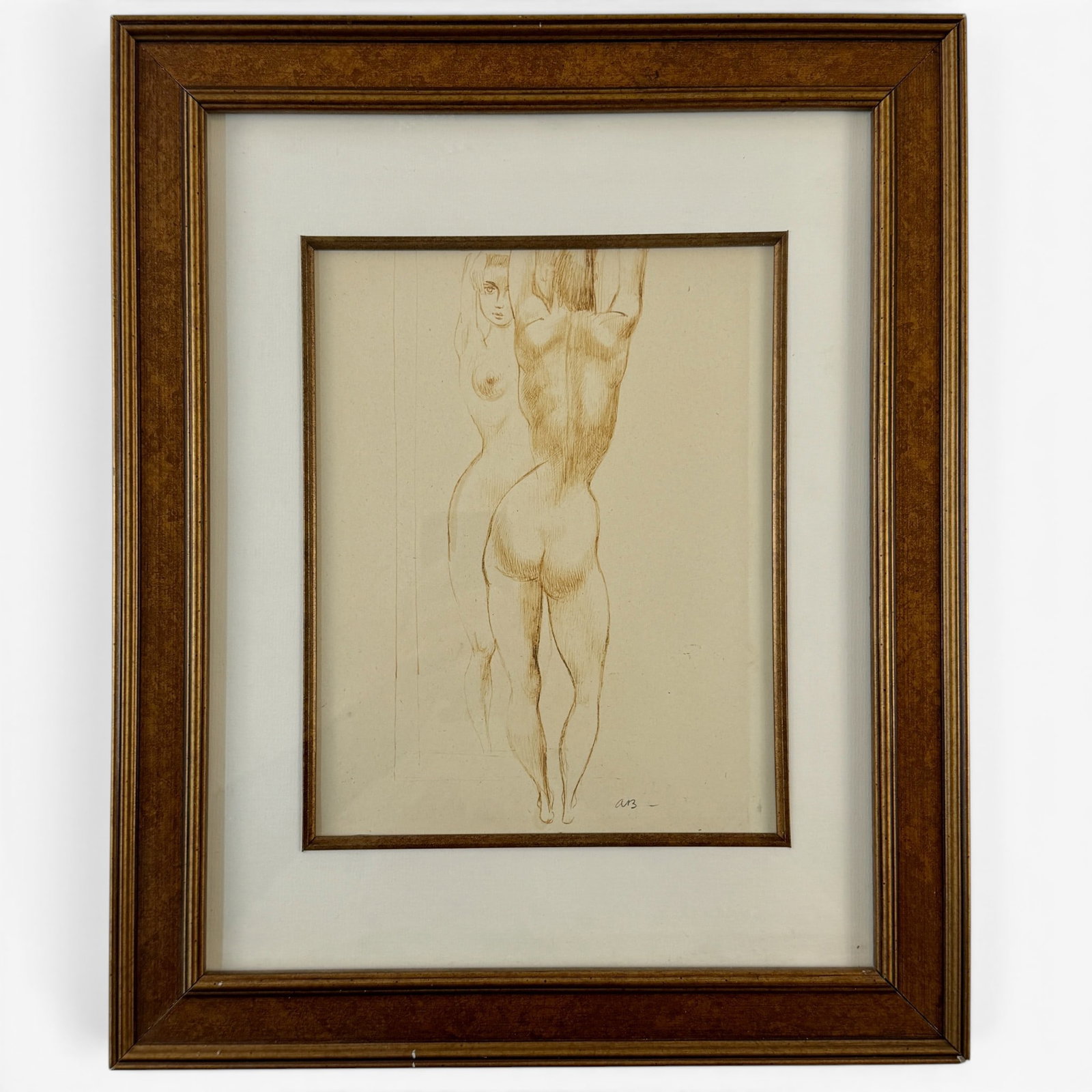 Aaron Bohrod pencil drawing, nude looking into a mirror.: Aaron Bohrod (1907-1992) Illinois and Wisconsin. Pencil sketch of a nude, looking in a mirror. Initialled AB lower right. Sight size 9 1/4 by 7 1/4 inches. With linen liner and frame, size is 16 1/2