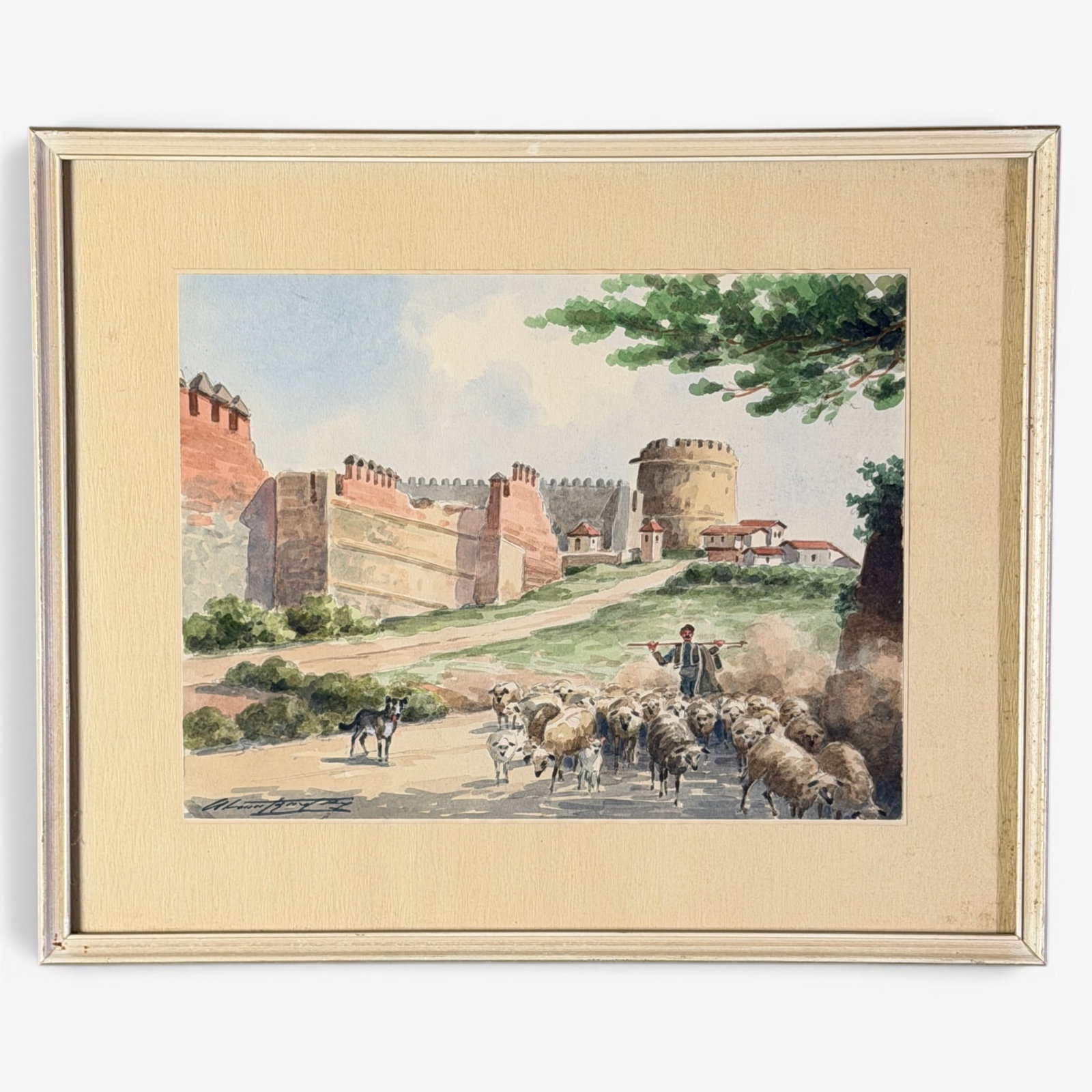 Pair of Signed Watercolors: Both signed indistinctly by the same artist. One scene of a shephard with his flock and another cityscape on a lake with mountains. Both framed. Framed size of each: 13" ht. x 16" wd. `