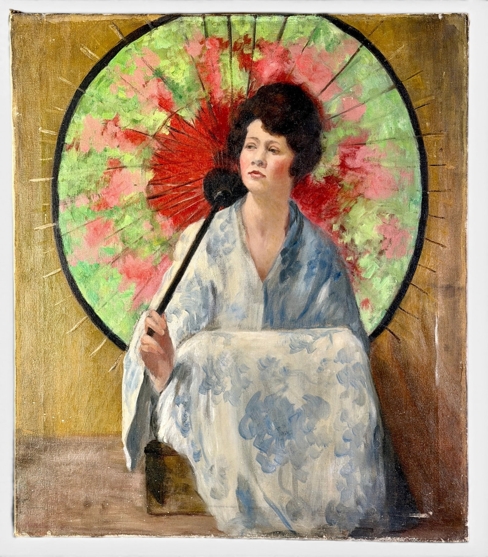 1920s Oil of Woman with Parasol: Inscribed to canvas verso M. Robinson, a ca. 1920s oil on canvas of a woman with parasol, wearing kimono. 30" x 26".