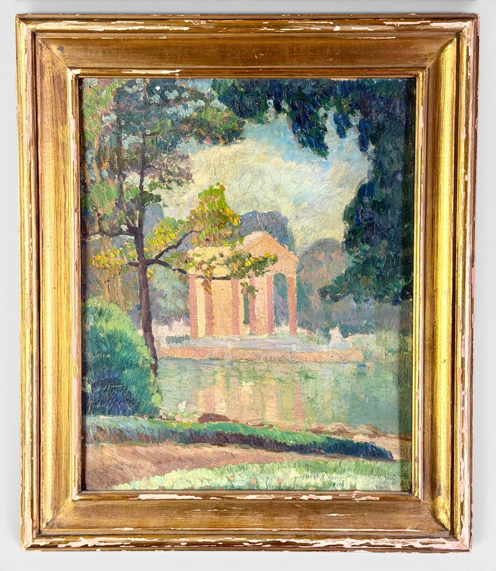"Rome" Oil on Board by Harry Wertz: Harry Wertz (American, b. 1891). Oil on board, signed and inscribed l.r., with artist's label to verso. 18" x 14" (sight), 22" x 19.5" (framed).