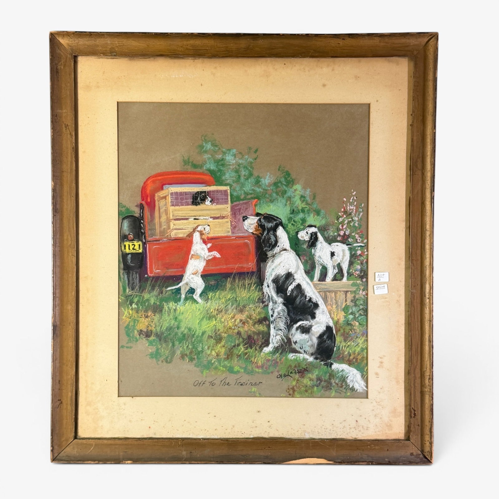 "Off to the Trainer" Illustration by Ole Larsen: Ole V. Larsen (American/Michigan, 20th century). Pastel and oil on paper, titled and signed in lower portion, with some information attached to glass. 20" x 17" (sight), 29" x 26" (framed).
