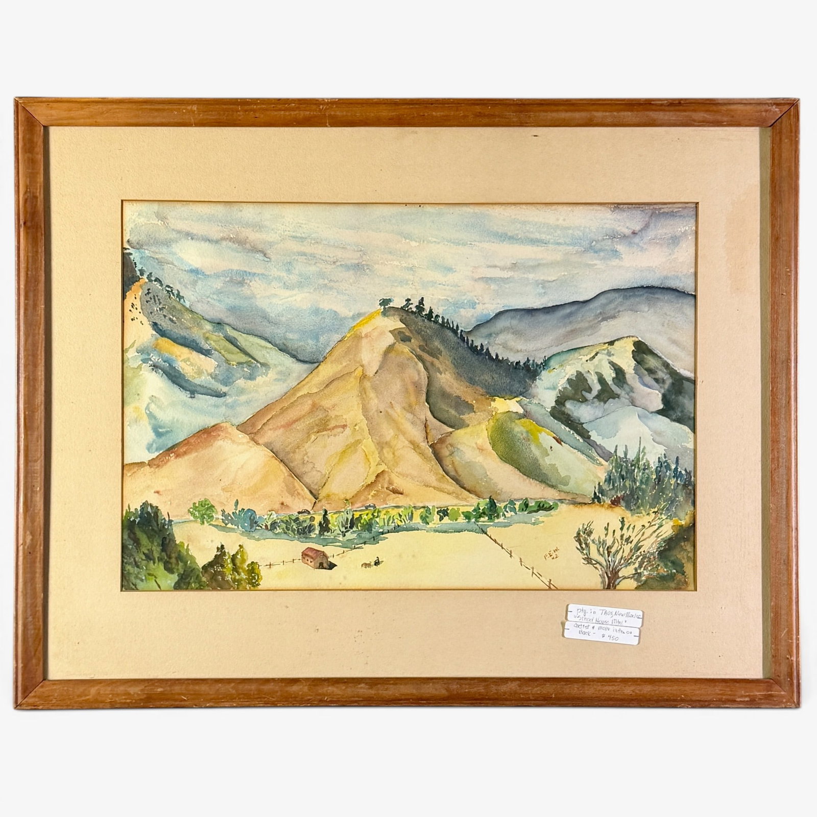"School House, Mtn." W/c by Frank Whitney: Frank Whitney (American/San Francisco, 20th century). Watercolor on paper, initialed l.r., and with label from San Francisco Art Association for their sixth watercolor exhibition, 1942. 14.5" x 21.5"