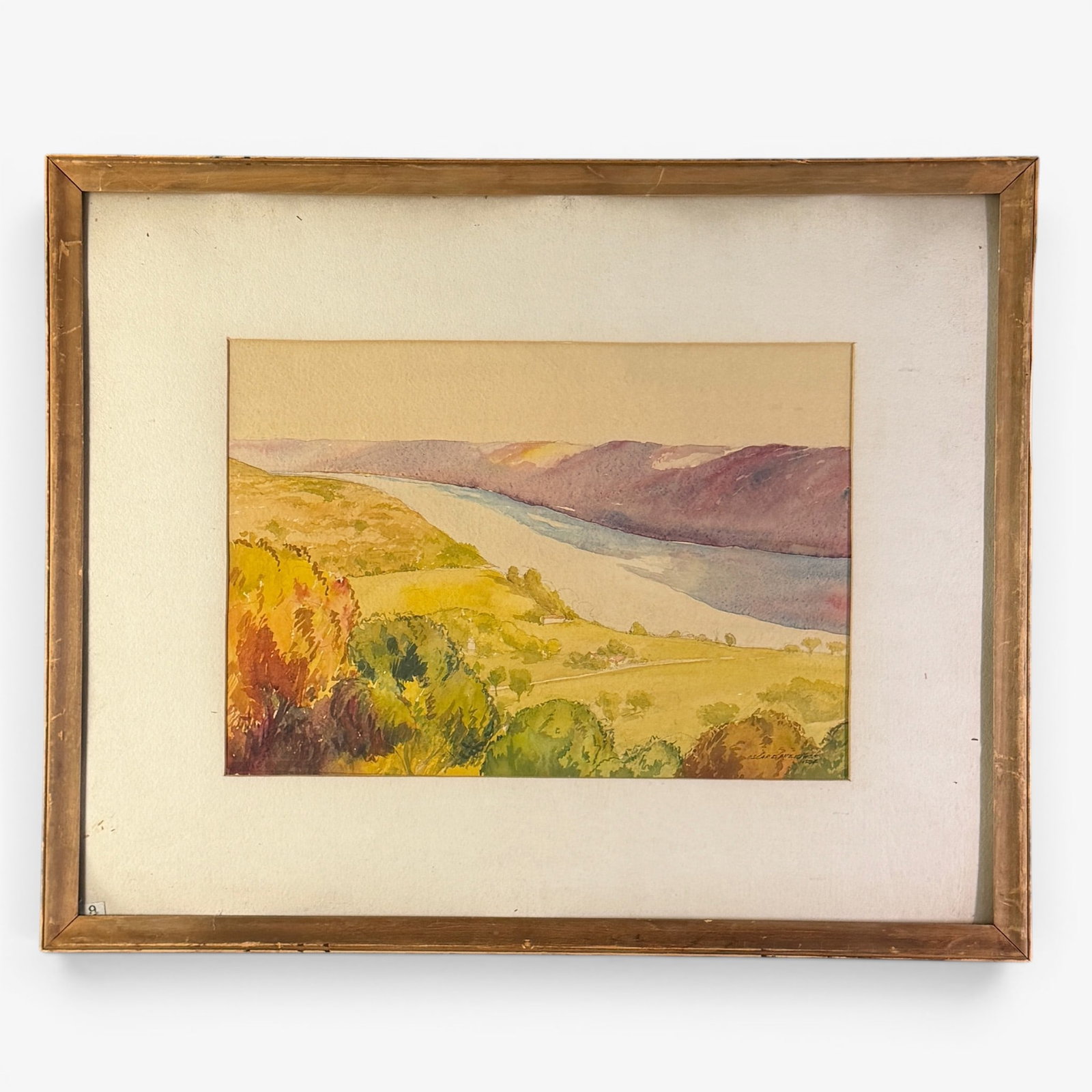 Ohio River Watercolor, Oscar Freidhof, 1934: Oscar Freidhof (American, 20th century). Watercolor on paper, a bird's eye view of the Ohio River, signed and dated l.r. 13" x 18" (sight), 23" x 29" (framed).