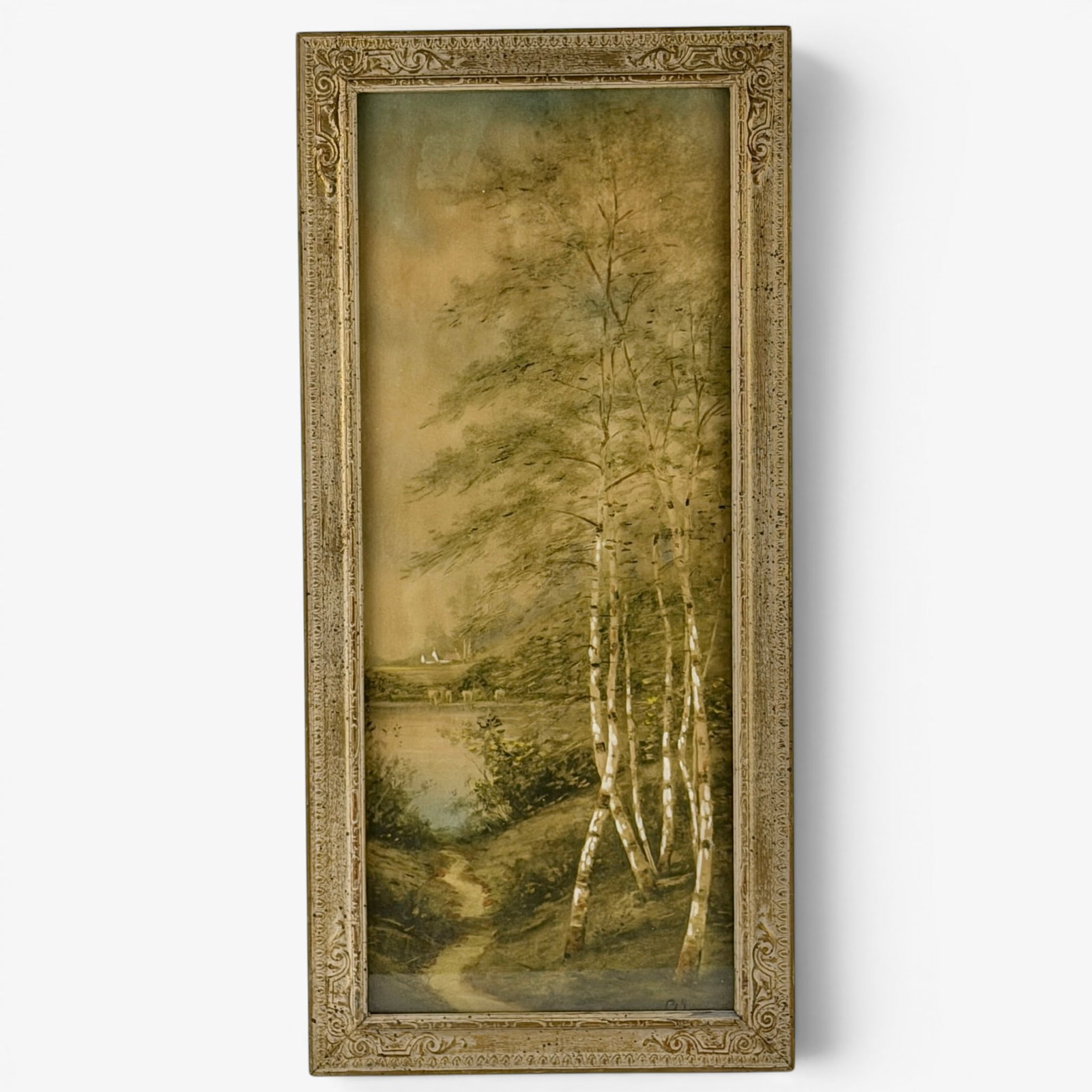Pair of American School Pastels: Each unsigned and framed, of a vertical nature, depicting wooded, forested scenes. Largest framed 27" x 12".