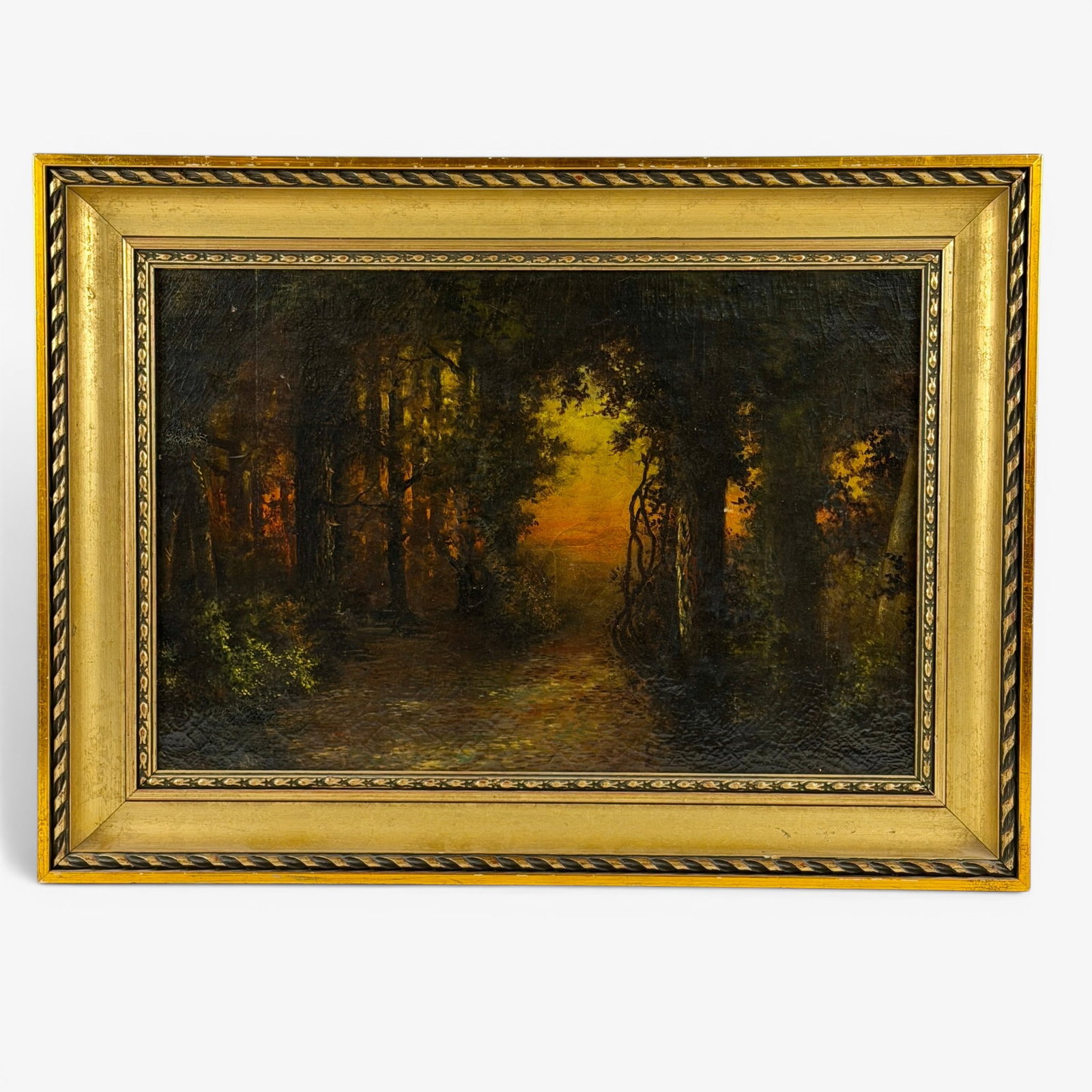 Pair of Regional Oils of Interior Forests: Each ca. 1900, one signed "Anderson", the other unsigned. Well executed tonalist subjects in gilt grames. Largest framed 23.5" x 34".
