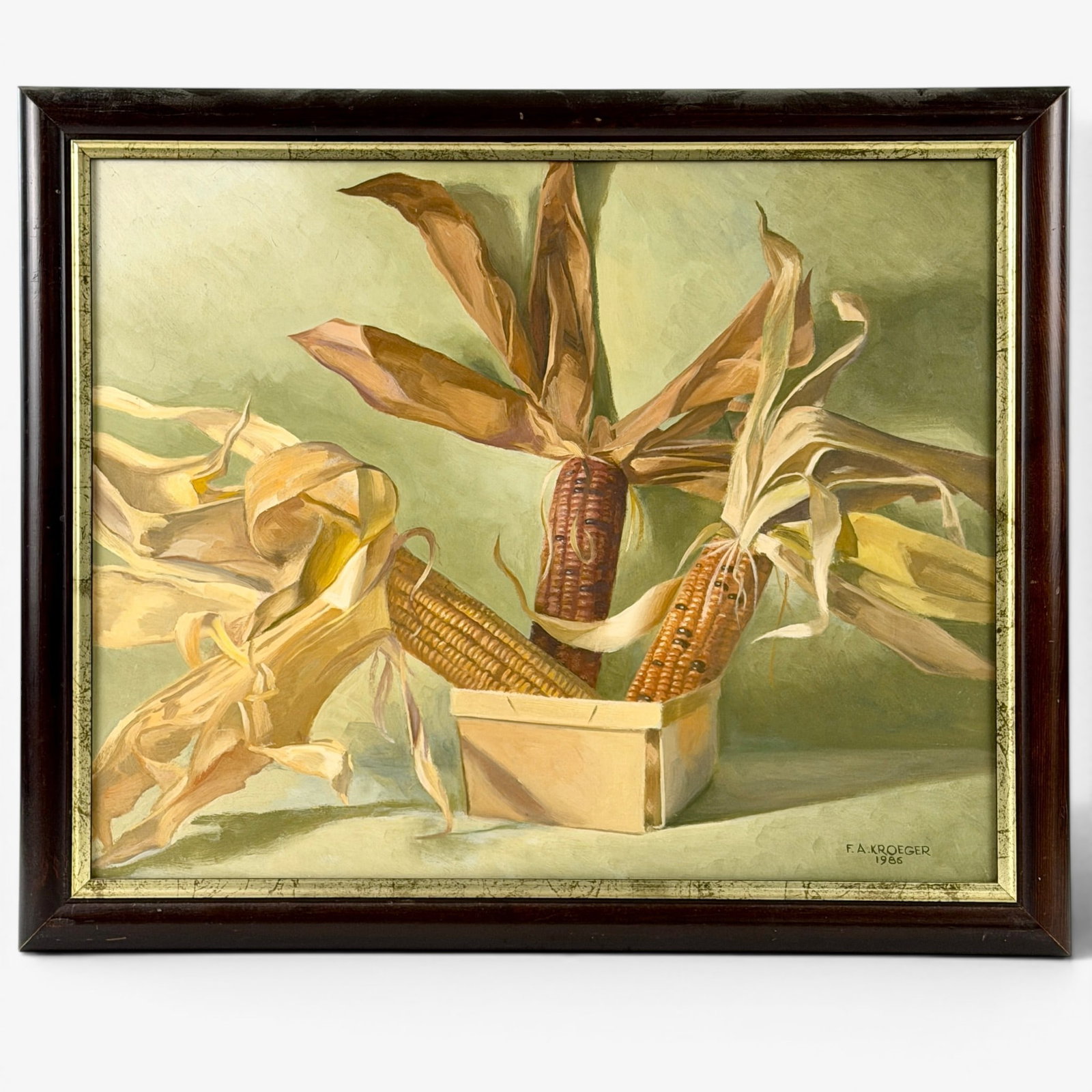 Corn Still Life by F.A. Kroeger: F.A. Kroeger (American, 20th century). Dted 1986, oil on board. 15.5" x 19.5" (sight), 19" x 23" (framed).