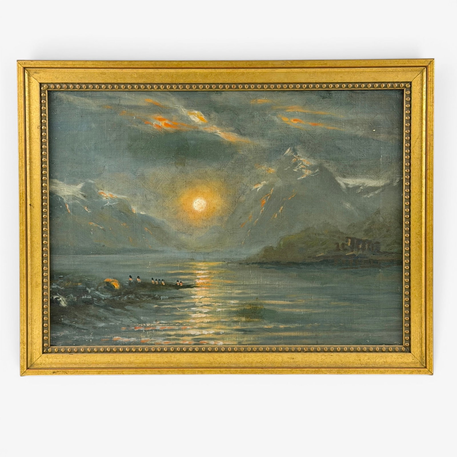 Oil on Canvas of a Moonlit Lake: Ca. 1900, oil on canvas, unsigned. Depicting boaters on a lake with moonlight. 115" x 20" (sight), 18" x 23" (framed).