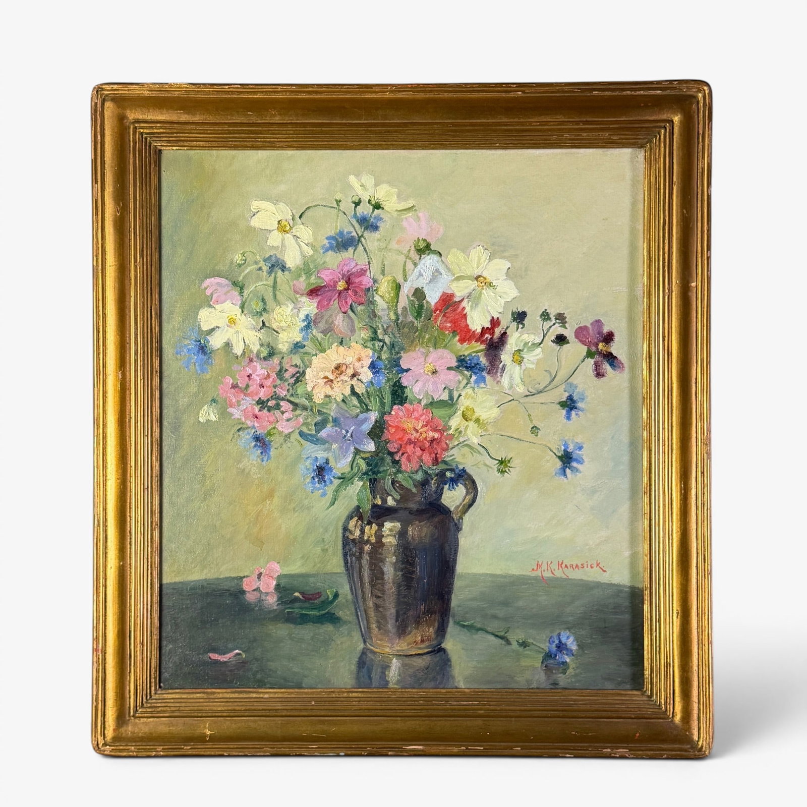 Mary K. Karasick (American, 1888-1985: Oil on canvas. Still life in a fine wood frame. Signed lower right. 19 1/2" x 17 1/2" (sight); 26" x 23" (frame)