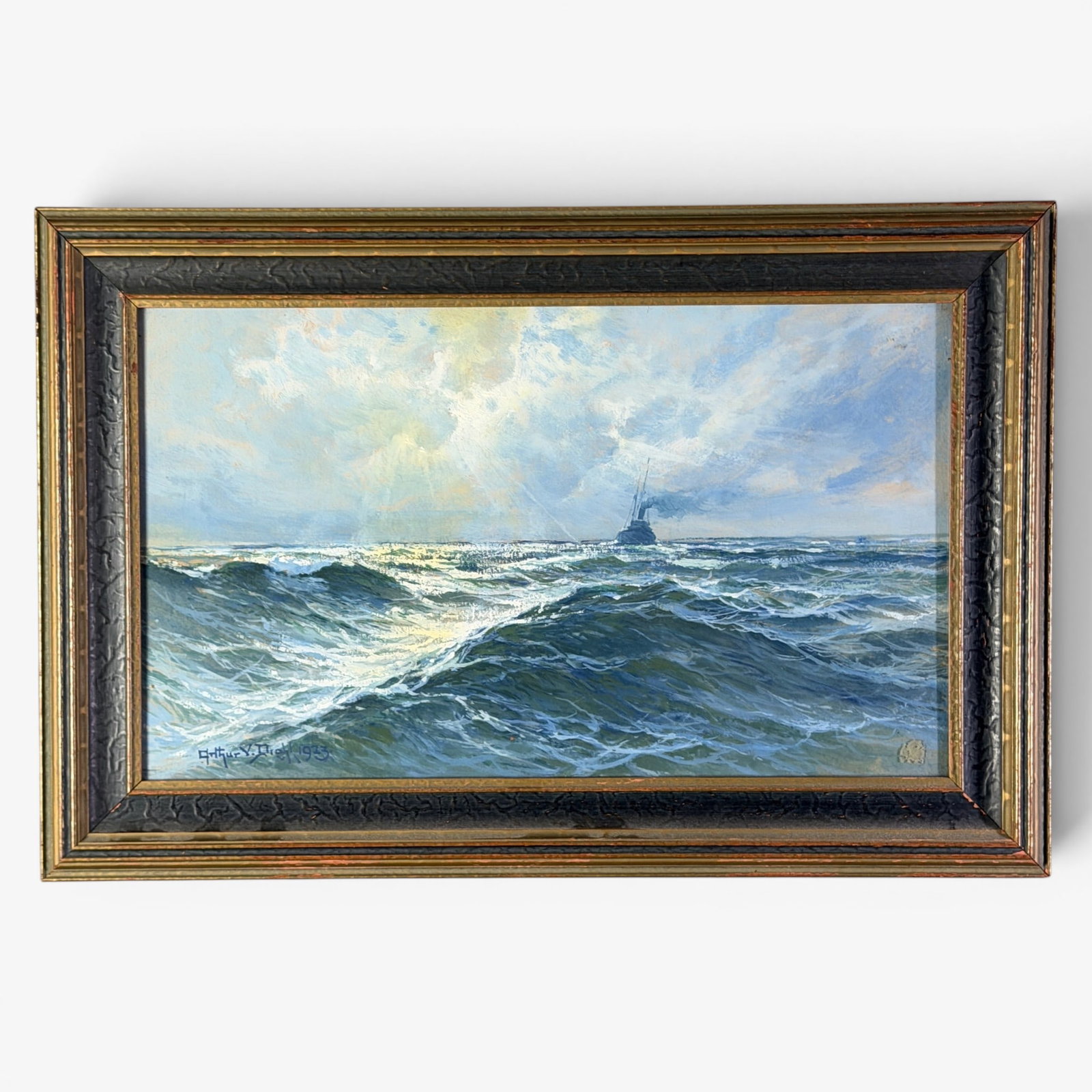 Arthur Vidal Diehl (1870-1929); Pair of Paintings: A pair of seascapes. (1) An oil on canvasboard titled "Clyde Line Steamship Comanche." Signed lower left and dated 1923. With inscription and gallery labels to verso. 12" x 21" (sight); 17" x 26"