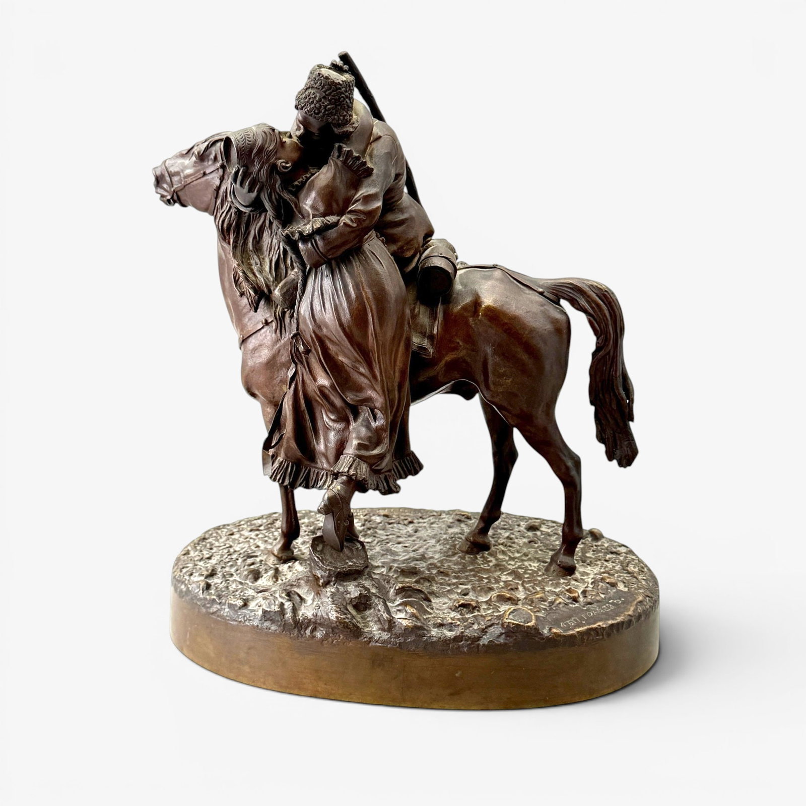 "Farewell Kiss" Bronze by Vassily Gratchev: Vassily Gratchev (Russian, 1831-1905). Bronze sculpture in multiple castings, signed at base and with foundry mark " Fabr. C.F. Woerffel". Ht. 9.5".