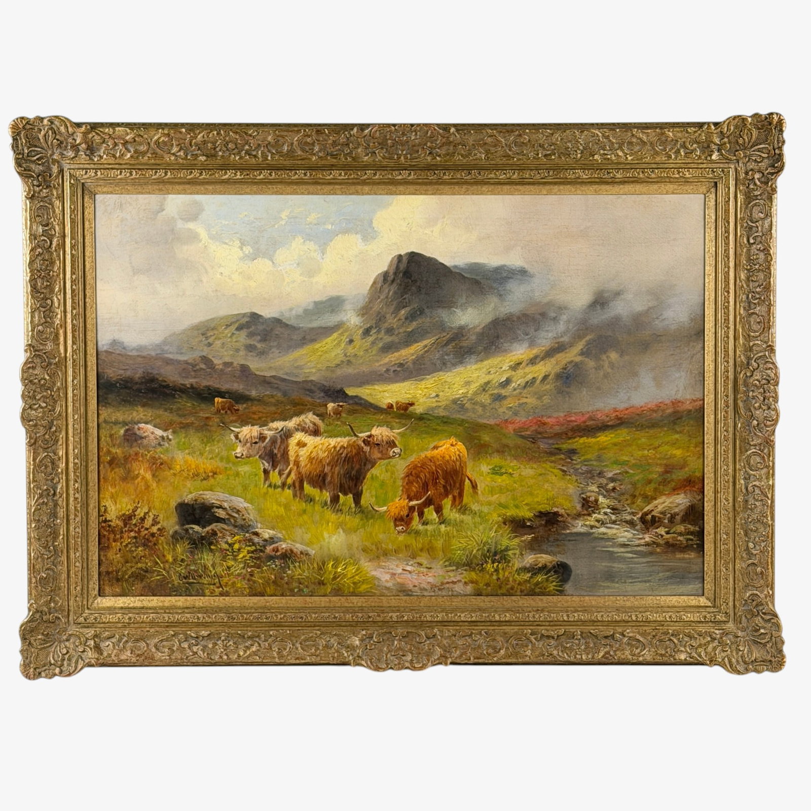 Decorative Highland Cows oil on canvas.: Highland Cows oil on canvas, most likely mid 20th Century. Signature is not legible. Signed lower left. Sight size 19 3/8 by 29 1/8 inches. Wth older frame, size is 26 5/8 by 36 3/4 inches.
