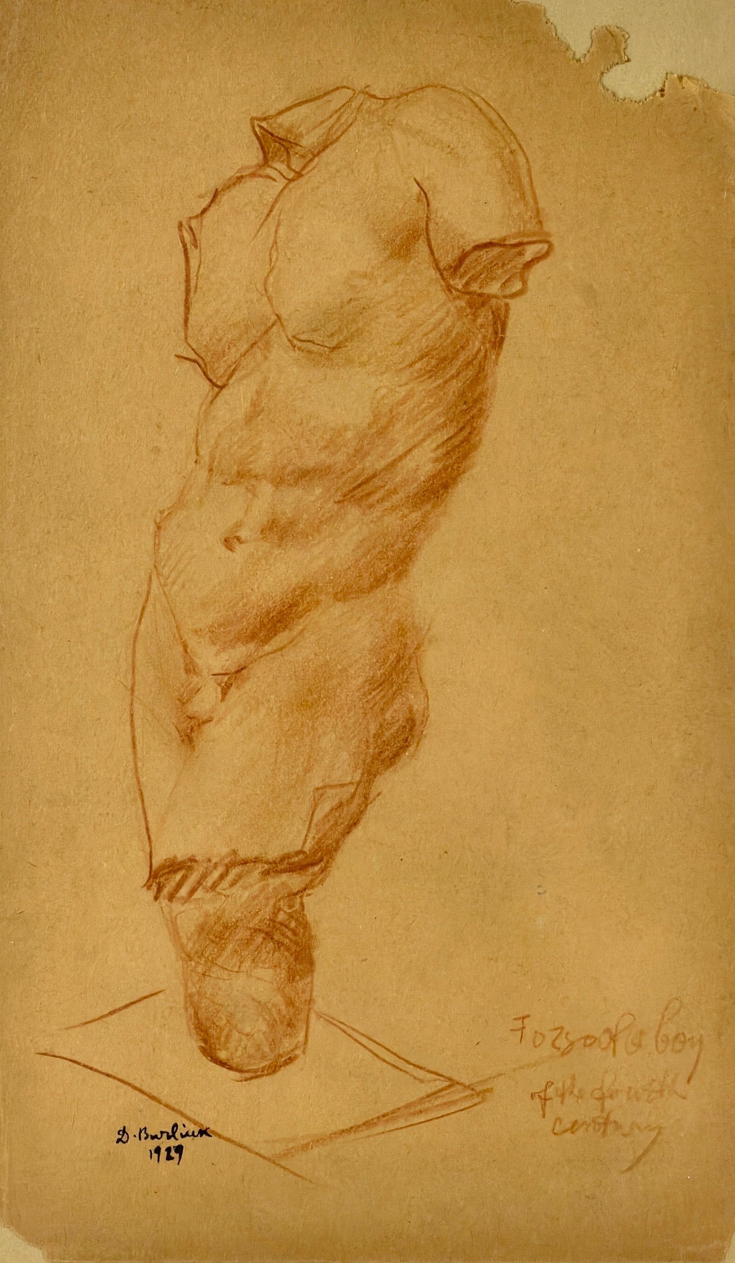 David Davidovich Burliuk sketch of torso, 1929.: David Davidovich Burliukn(1882-1967) Ukraine, New York. Conte crayon sketch on brown paper of a torso done in 1929. Taken from a sketchbook, the image is missing pieces at each corner. Signed and