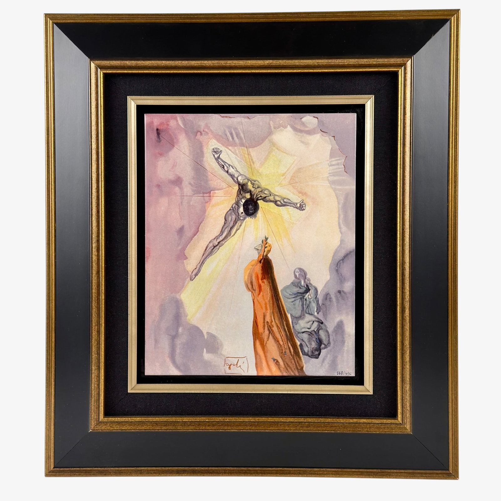 After Salvador Dali print on ceramic tile: After Salvador Dali print on ceramic tile, mounted on Masonite, "Christ of St. John on the Cross. Marked 168/490 lower right, Dali signature lower center. Sight size is 9 3/4 by 7 3/4 inches. With lin