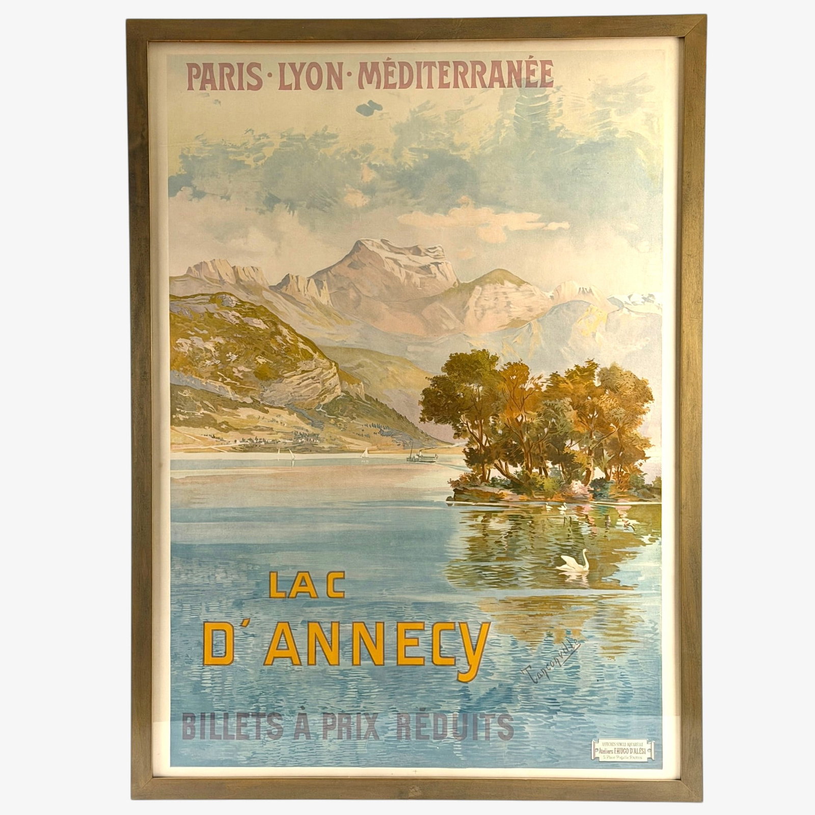 Poster of Lac D' Annecy by Ateliers F. Hugo D'Alesi.: Original framed poster of Lac D'Annecy in the Lanconville region of France, published by Ateliers F. Hugo D'Alesi, 5 Place, Pigalle, Paris. Sighty size is 41 1/8 by 28 5/8 inches. With frame, size is