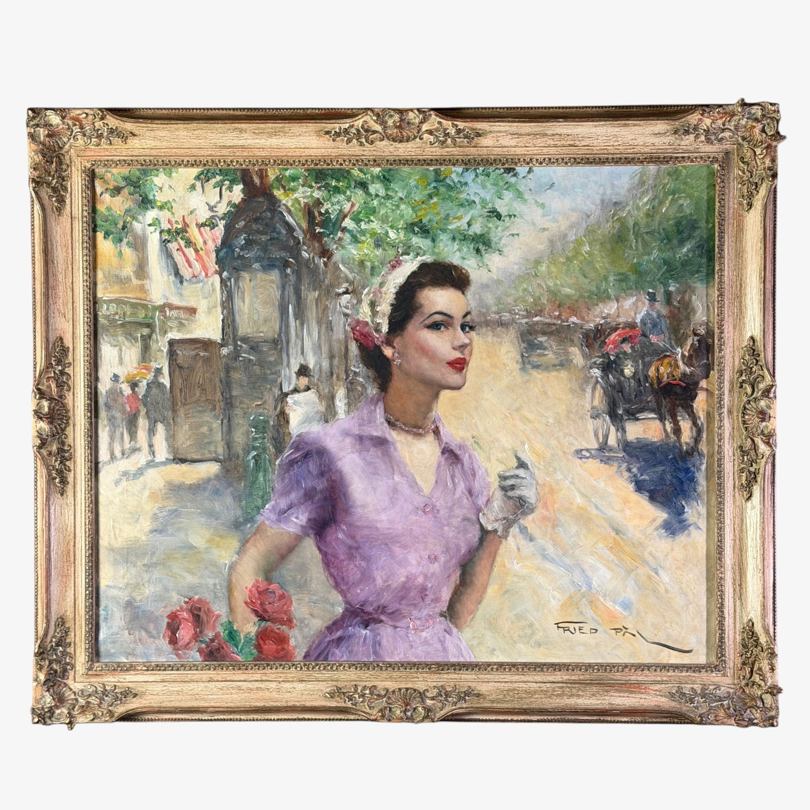 Pal Fried painting of Annabella O/C street scene: Large oil on canvas by Fried Pal (1893-1976) Budapest, New York, California, a work entitled "Annabella" featuring a beautiful young woman in a city street scene. Sighed lower right. Sight size is 23