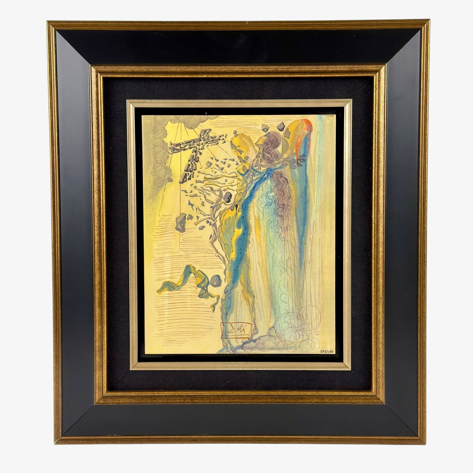 After Salvador Dali, print on ceramic tile.: After Salvador Dali, print on ceramic tile, mounted on masonite. Dali signature lower center, numbered 175/490 lower right. Sight size is 9 3/4 by 7 3/4 inches. Overall size is 17 by 15 1/8 inches.