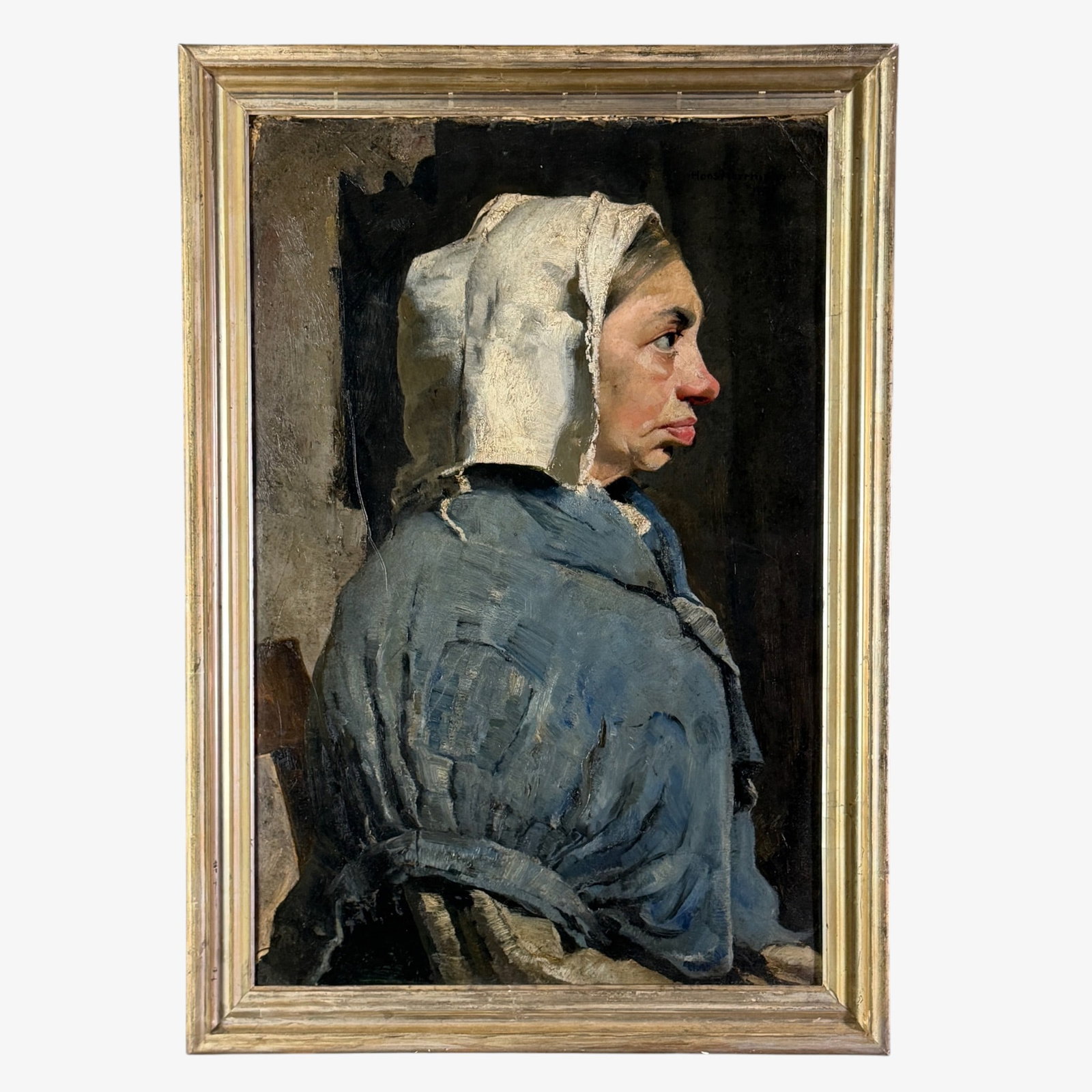 Hans Herrmann (1858-1942) O/B, "Hollanderin 1887": Hans Herrmann (1858-1942) German. Oil on Board entitled "Hollanderin 1877" featuring the porfile of a young Dutch woman. Sighed upper right. Sight size 27 3/8 by 17 7/8 inches. With newer frame, size