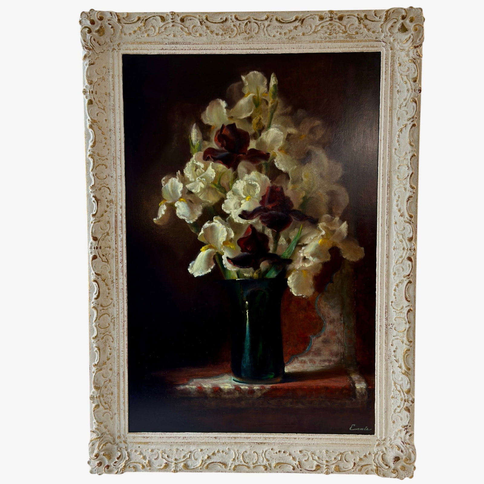 Cary Ennis (1951- ) White and Purple Irises.: Cary Ennis (1951- ) New Mexico. Oil on board picturing white and purple irises in bloom. Ennis is best known for the play of light and darkness in his subjects. Singed lower right. Sight size is 35