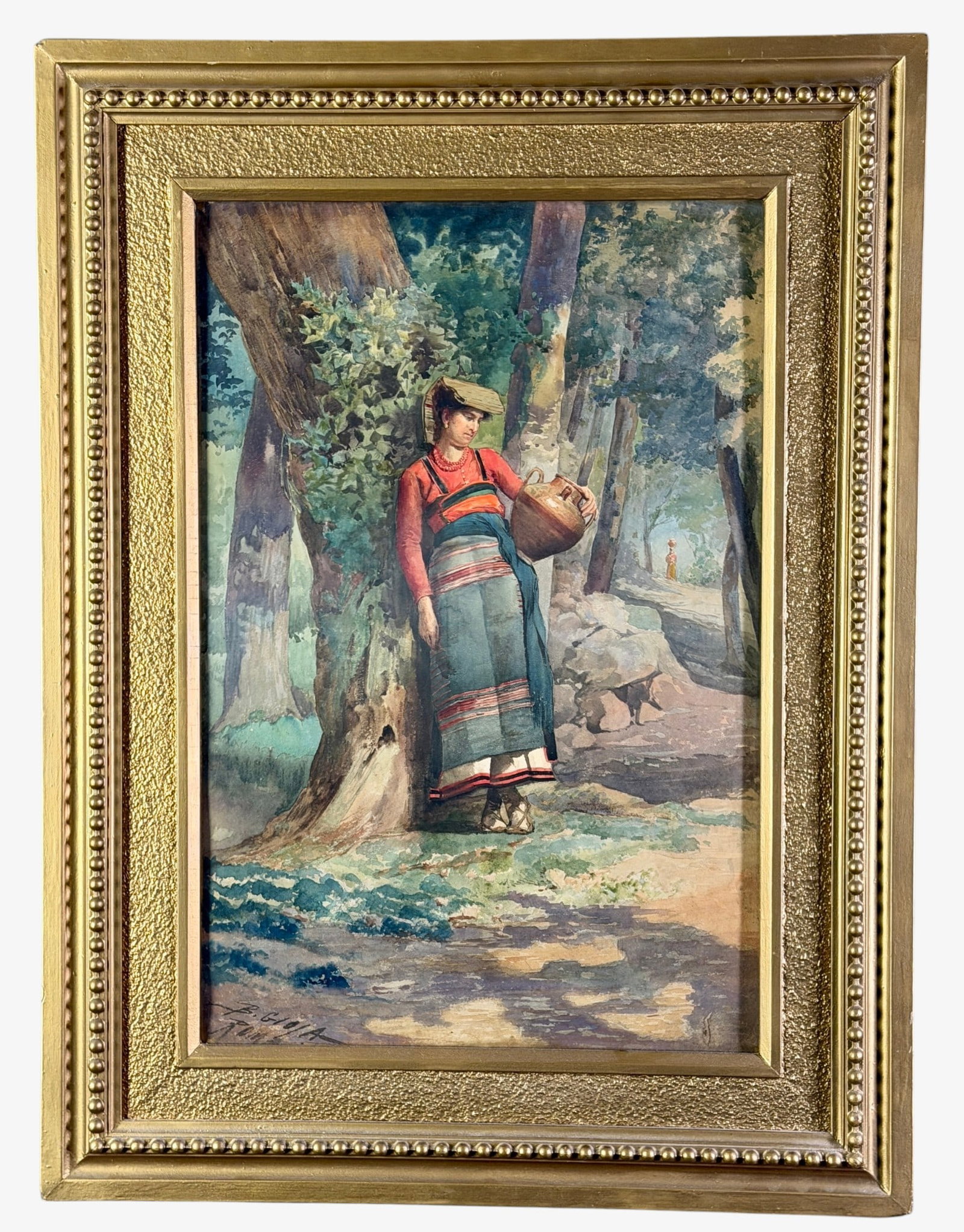 Genre Painting by Belisario Gioja: Belisario Gioja (Italian, 1829-1906). Watercolor on paper, signed and inscribed "Roma" l.l. 21.5" x 14" (sight), 29" x 22" (framed).