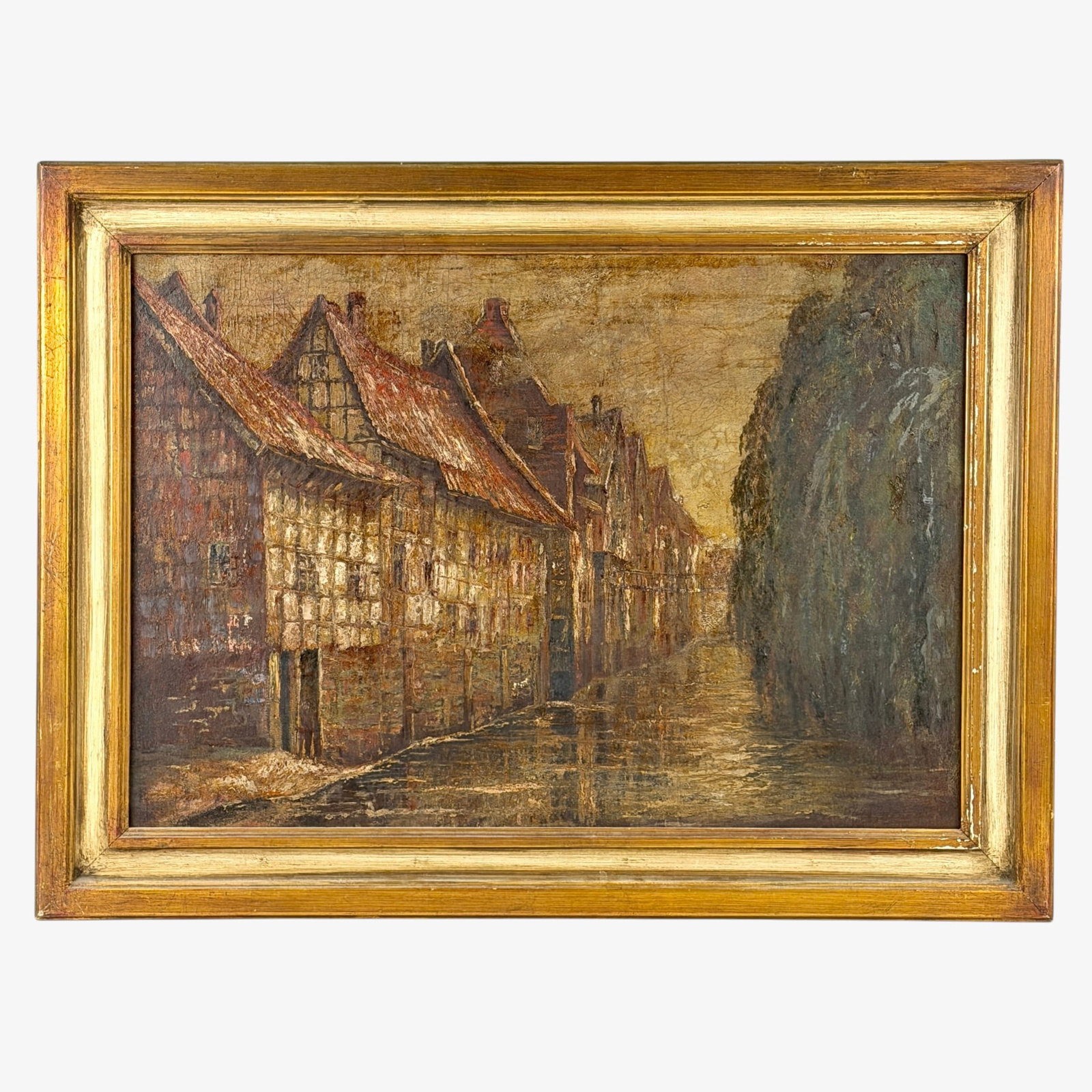 German Street Scene, ca. 1900: Oil on canvas, depicting a German street scene, unsigned but with German marking to stretcher. 18.5" x 27" (sight), 25" x 33" (framed).